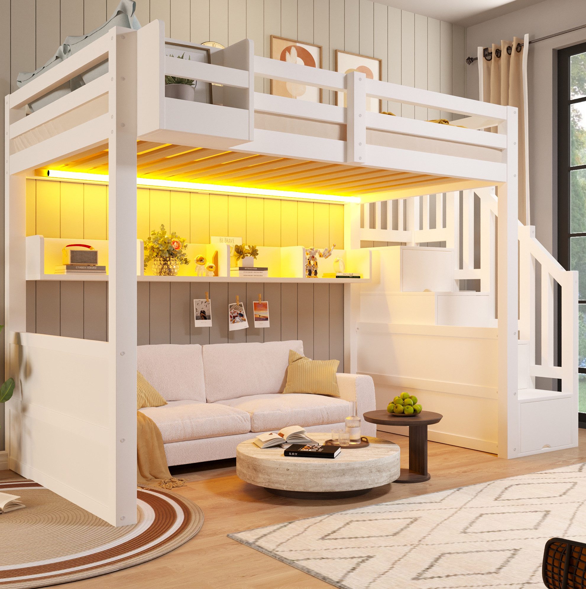 MODFU Hochbett Schlafplatz mit Treppe, Schrankelementen und viel Stauraum (Packung, 1-St., Robustes Holzgestell für platzsparende Raumgestaltung) 90x200 Kinderbett Weiß aus Holz mit LED Beleuchtung ohne Matratze