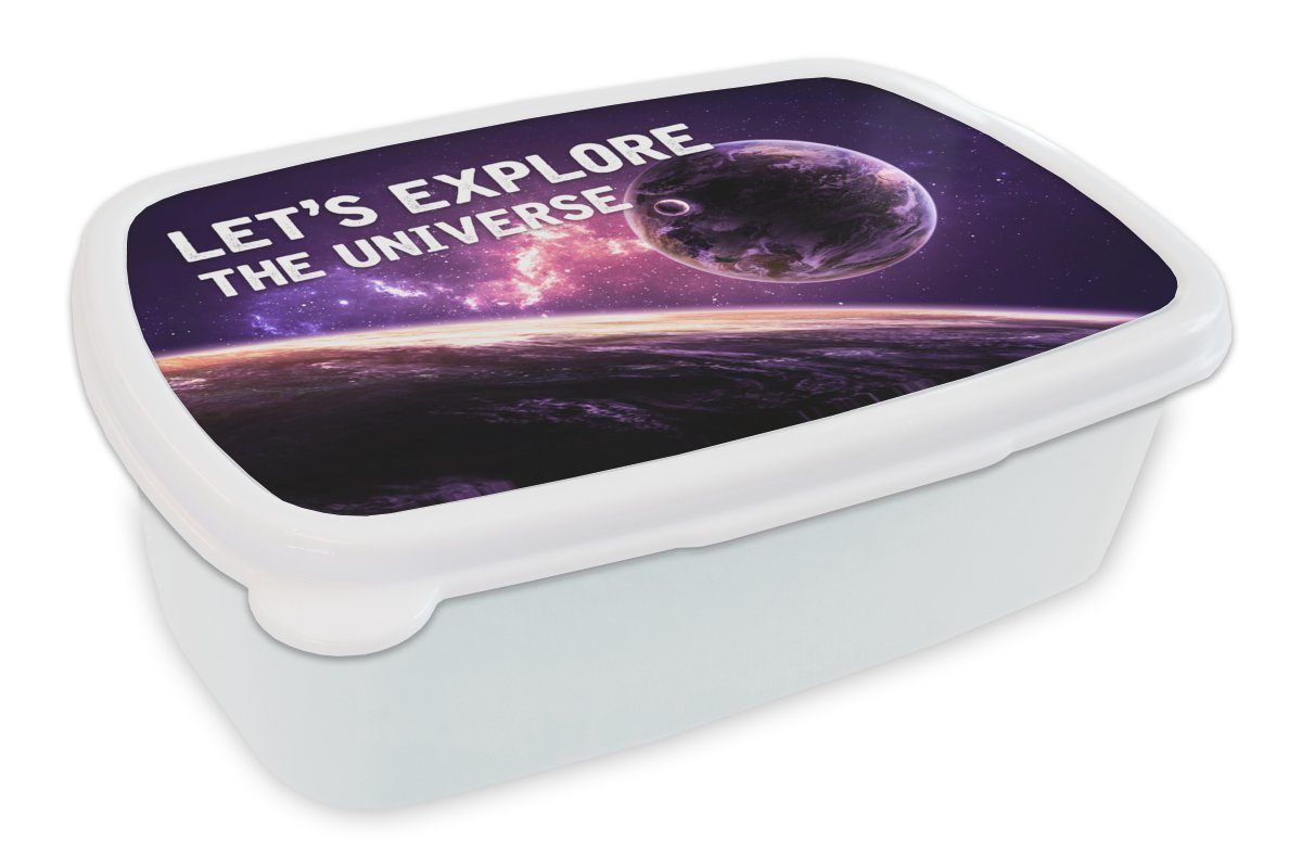 MuchoWow Lunchbox Zitate - 'Lass uns das Universum erforschen' - Sprichwörter - Jungen -, Kunststoff, (2-tlg), Brotbox für Kinder und Erwachsene, Brotdose, für Jungs und Mädchen weiß