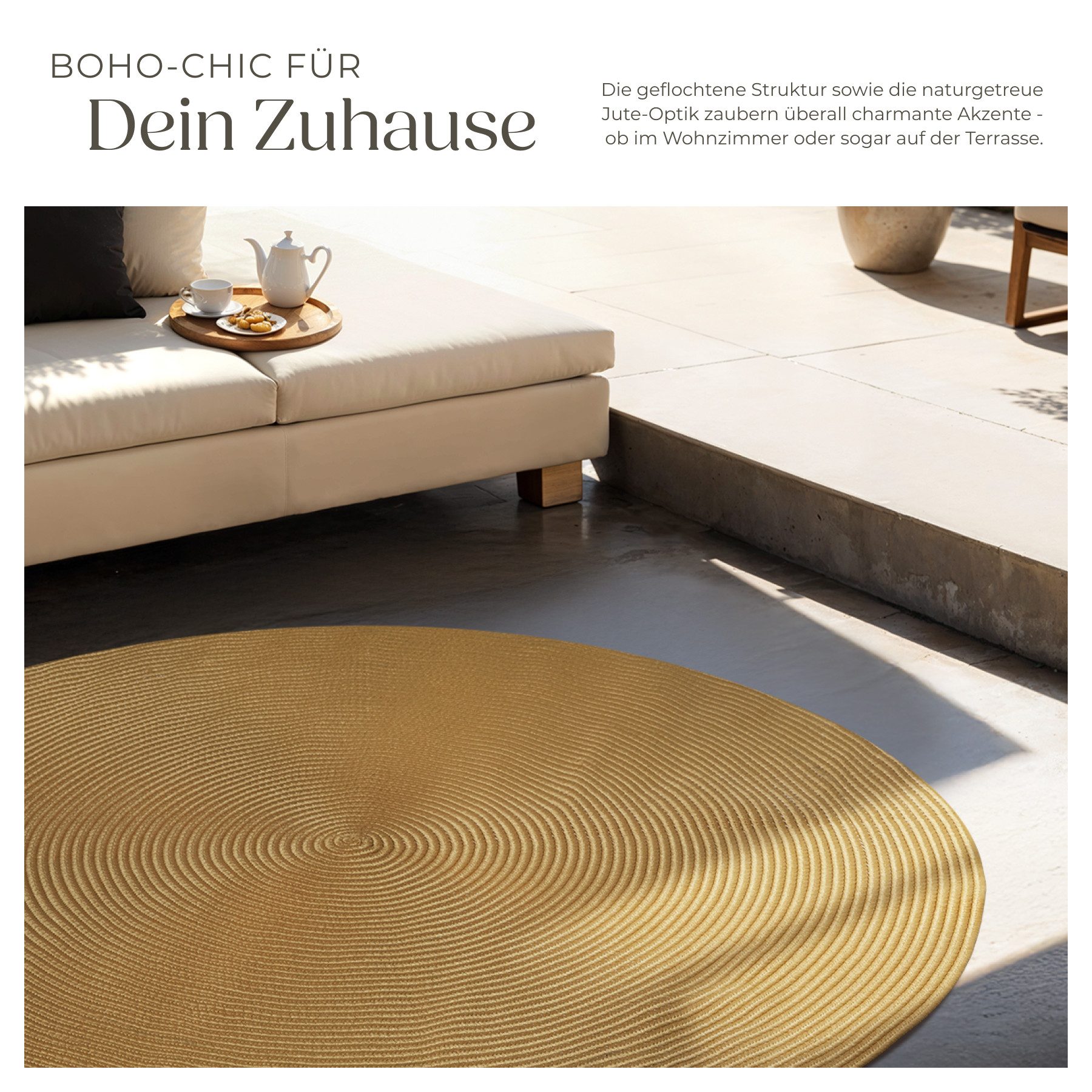 tectake Teppich Geflochtener Teppich in Jute-Optik, strapazierfähig und pflegeleicht, Rund, Höhe: 0,50 mm, Ø 160 cm, im Boho-Stil, flach und formstabil