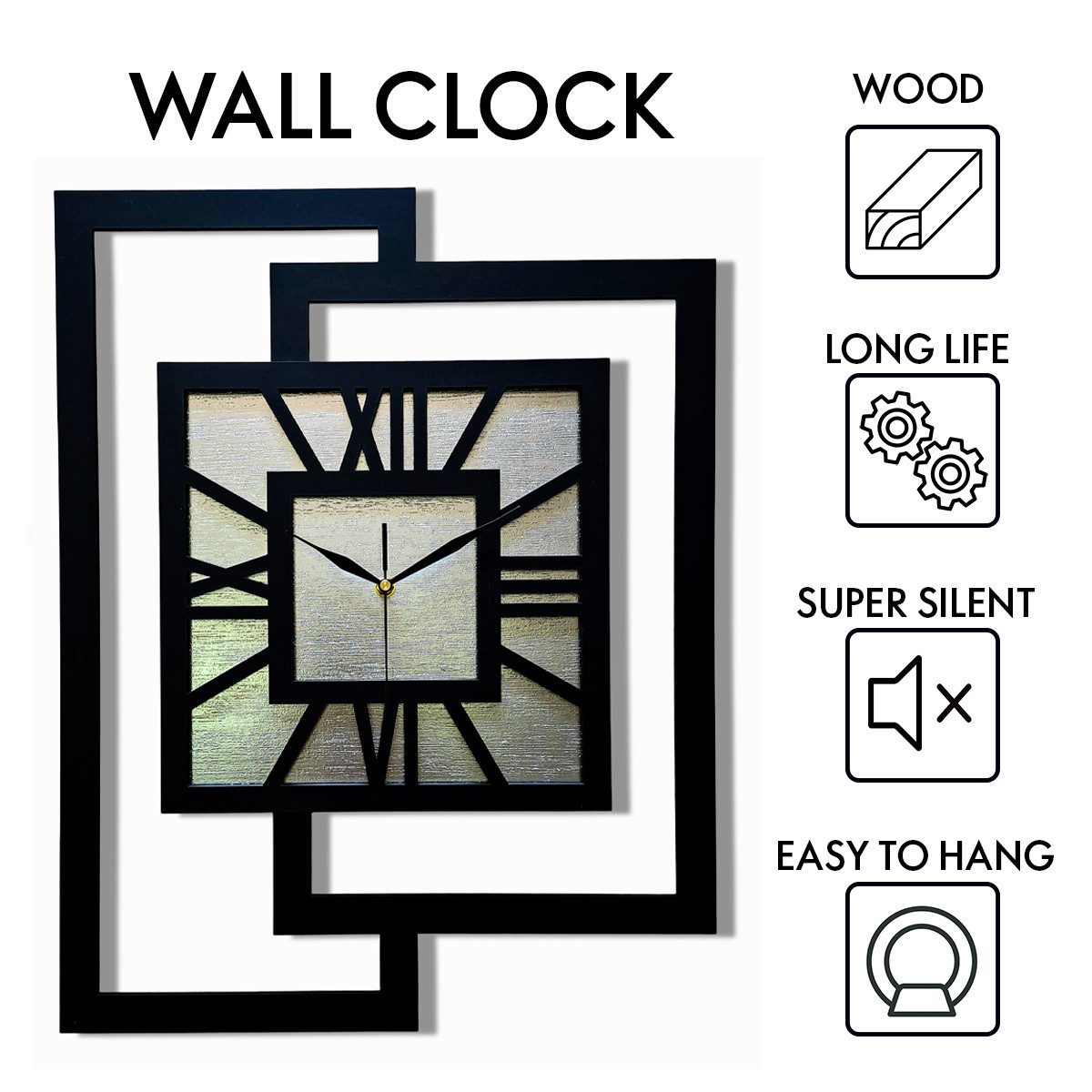 ORNAMENTI Wanduhr Grosse, moderne, geometrisch, Holz, hingucker, Loft, Rechteck (römisch, römische Ziffern, ohne Ticken, Wanddeko)
