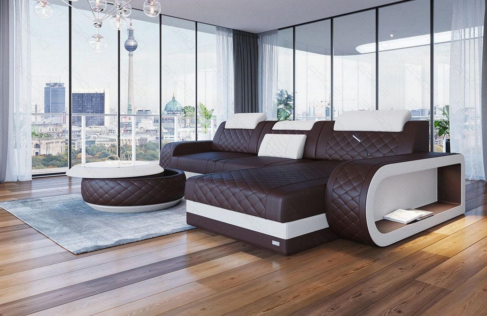 Sofa Dreams Ecksofa Berlin L Form Leder, Ecksofa, Ottomane, LED-Beleuchtung, Breite: 308cm, Zierkissen, 4-Sitzer, USB