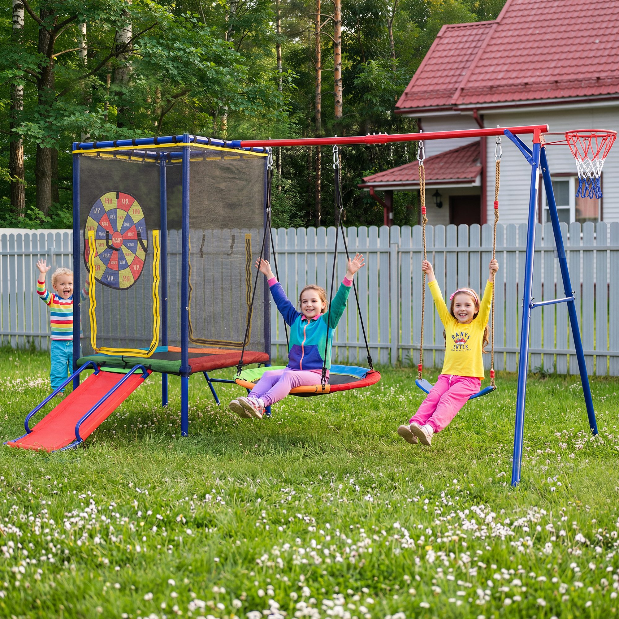 Merax Spielzeug-Gartenset Spielturm Kinder Spielplatz mit Sicherheitsnetz Nestschaukel, 5-in-1 Spielgerät mit Trampolin Rutsche Doppelschaukel Basketballkorb