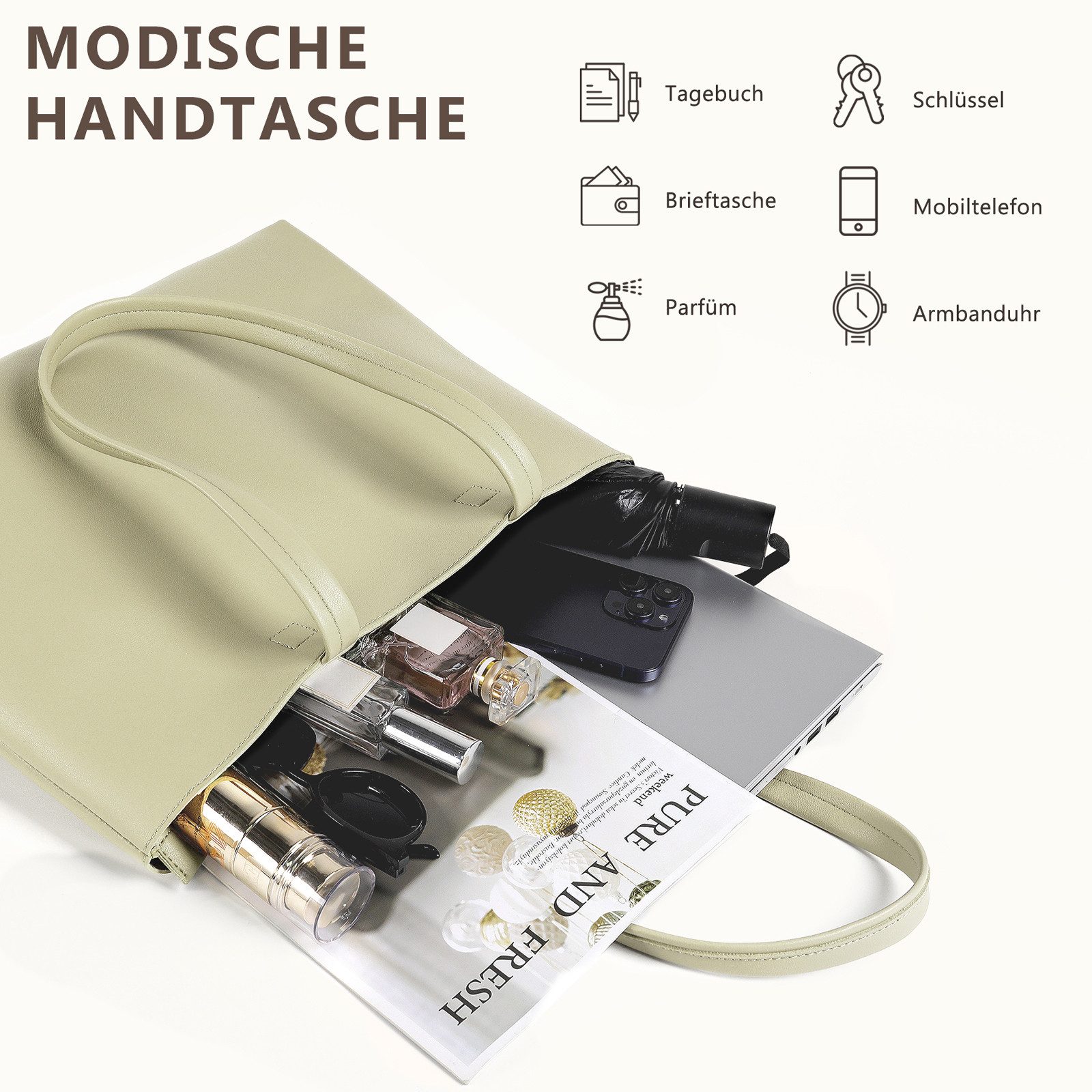 TAN.TOMI Shopper Damen Henkeltaschen, Einfache Handtaschen PVC Tote Shopper Bag, Handtasche für Arbeit, Schule, Einkauf mit Innentasche