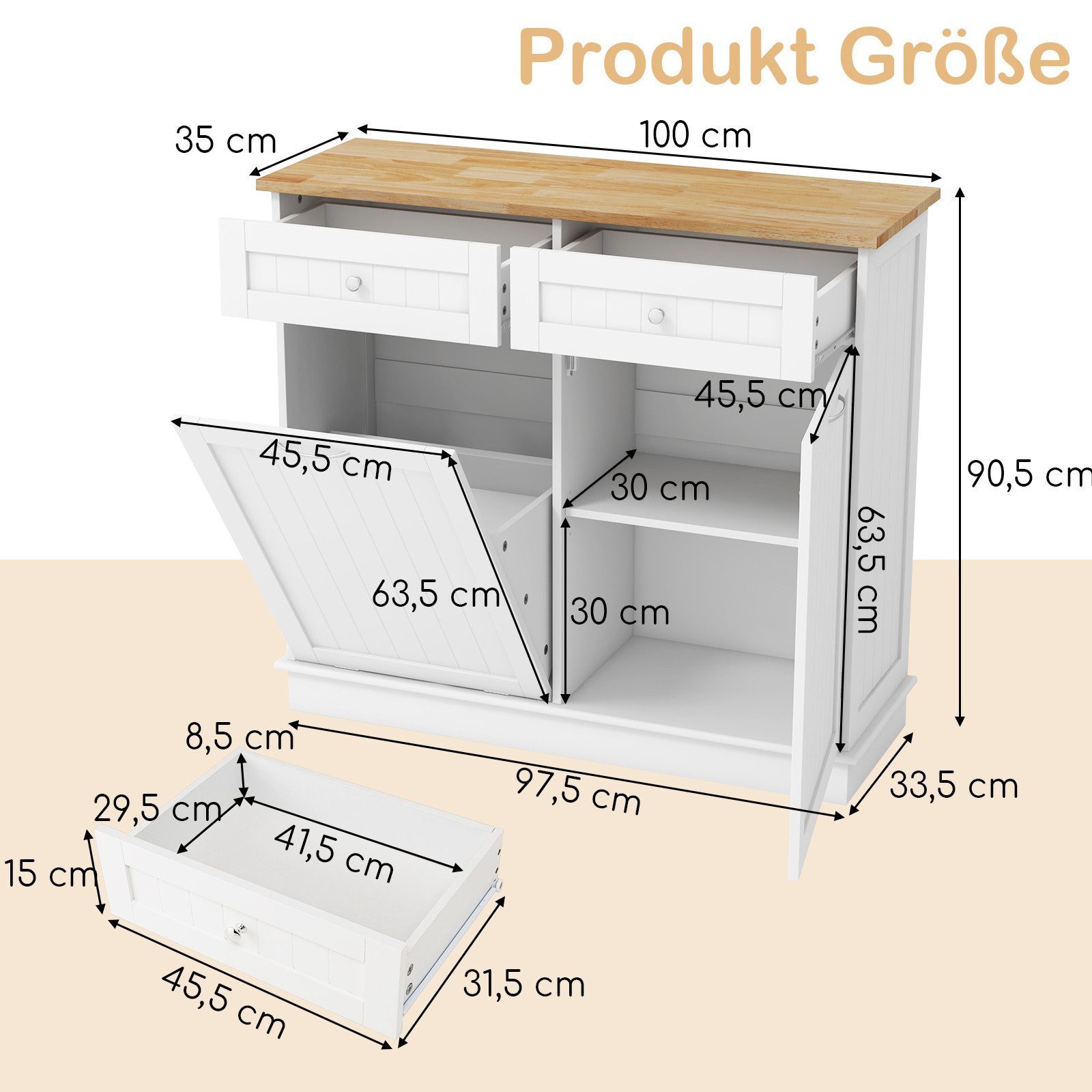 COSTWAY Kommode, für 40L Mülleimer, mit Arbeitplatte, Schublade 100x35,5x90cm