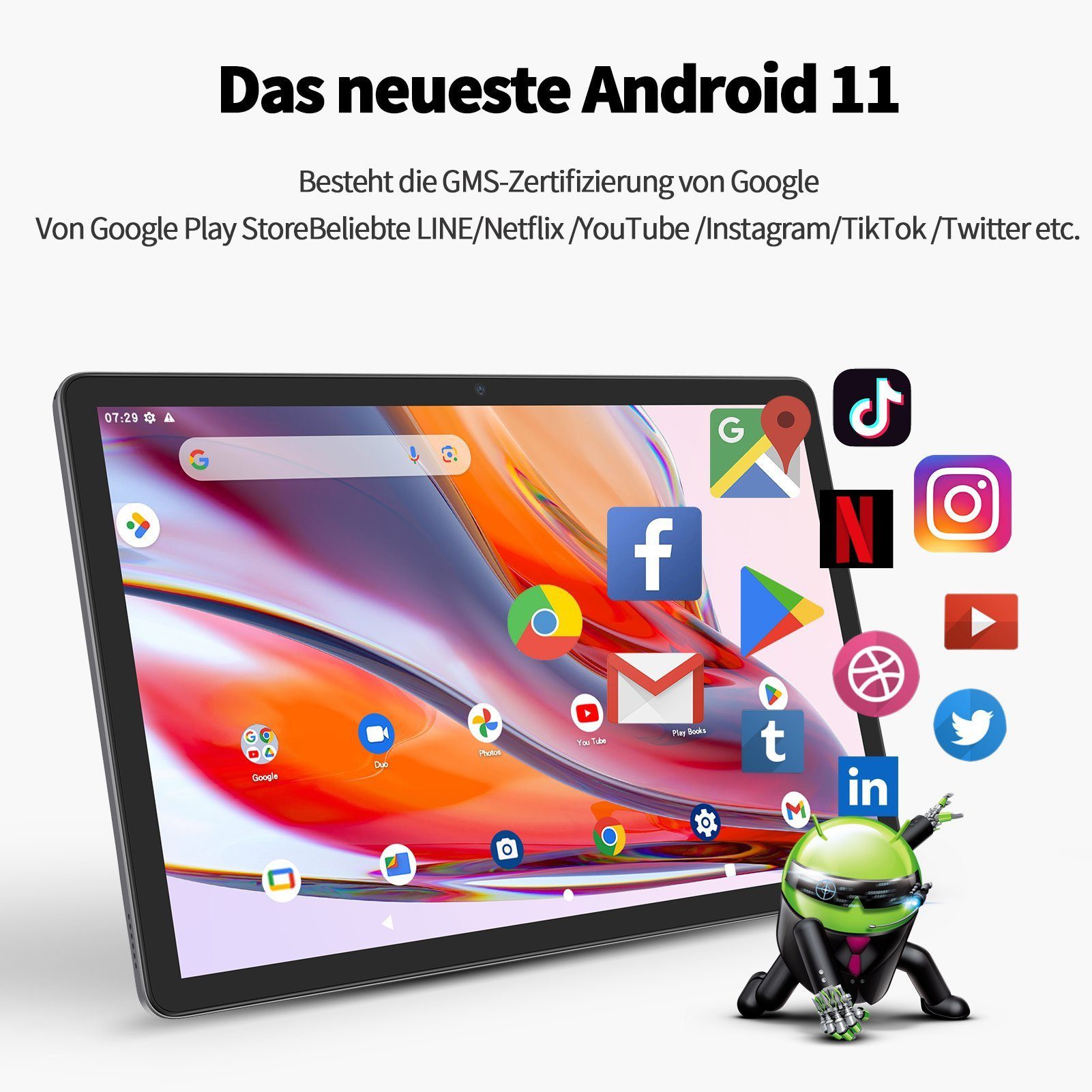 VASOUN TAB 13, grau, 8000mAh Akku, 5MP+13MP, BT 5.0 Tablet (10", Android 11, 2G(GSM), 3G(WCDMA), 4G(FDD/TDD), 4GB RAM, 128GB ROM, LCD-Display, Ultraflaches Desig)
