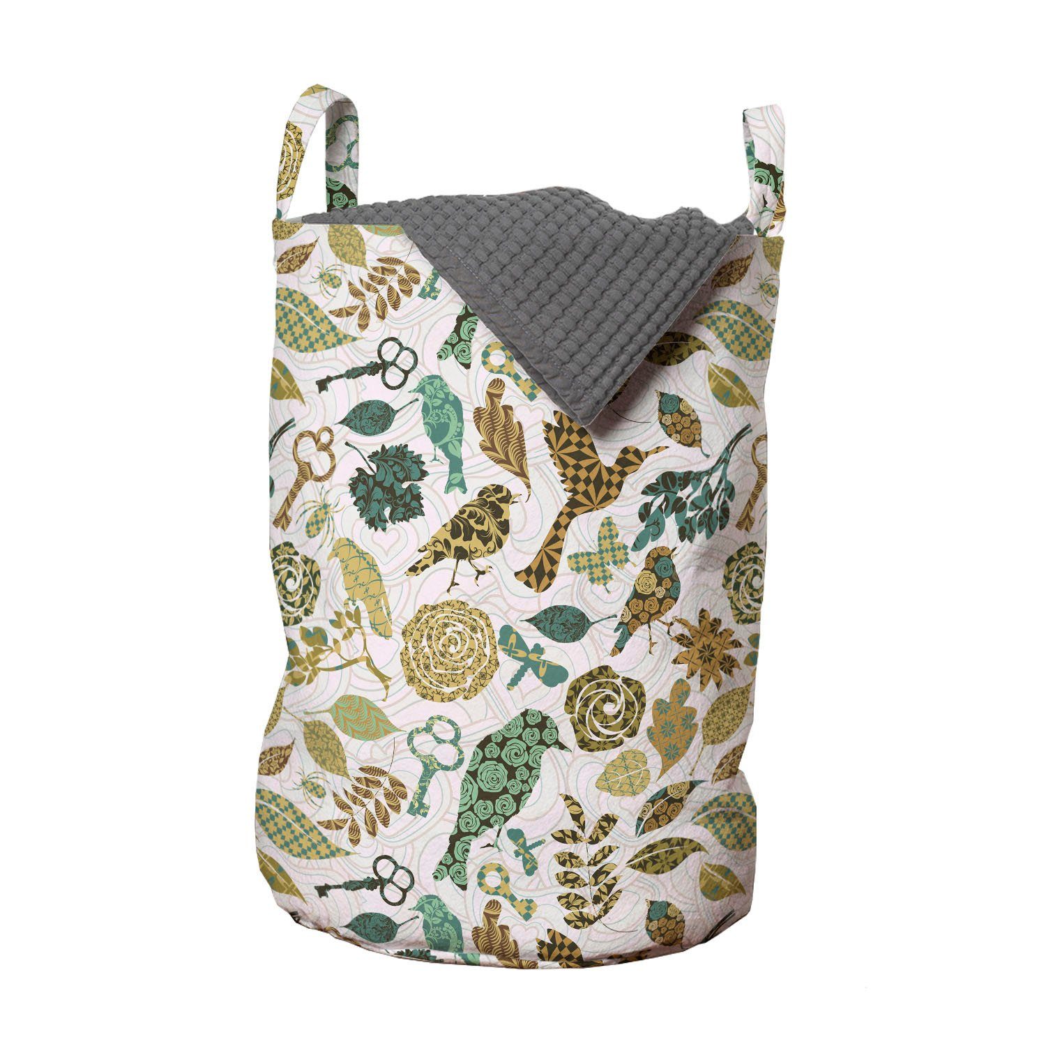 Abakuhaus Wäschesäckchen Wäschekorb mit Griffen Kordelzugverschluss für Waschsalons, Blätter Vögel und Libellen