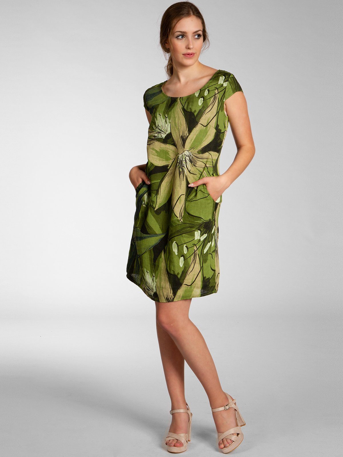 Caspar Sommerkleid SKL035 knielanges elegantes Damen Leinenkleid mit Blüten günstig online kaufen
