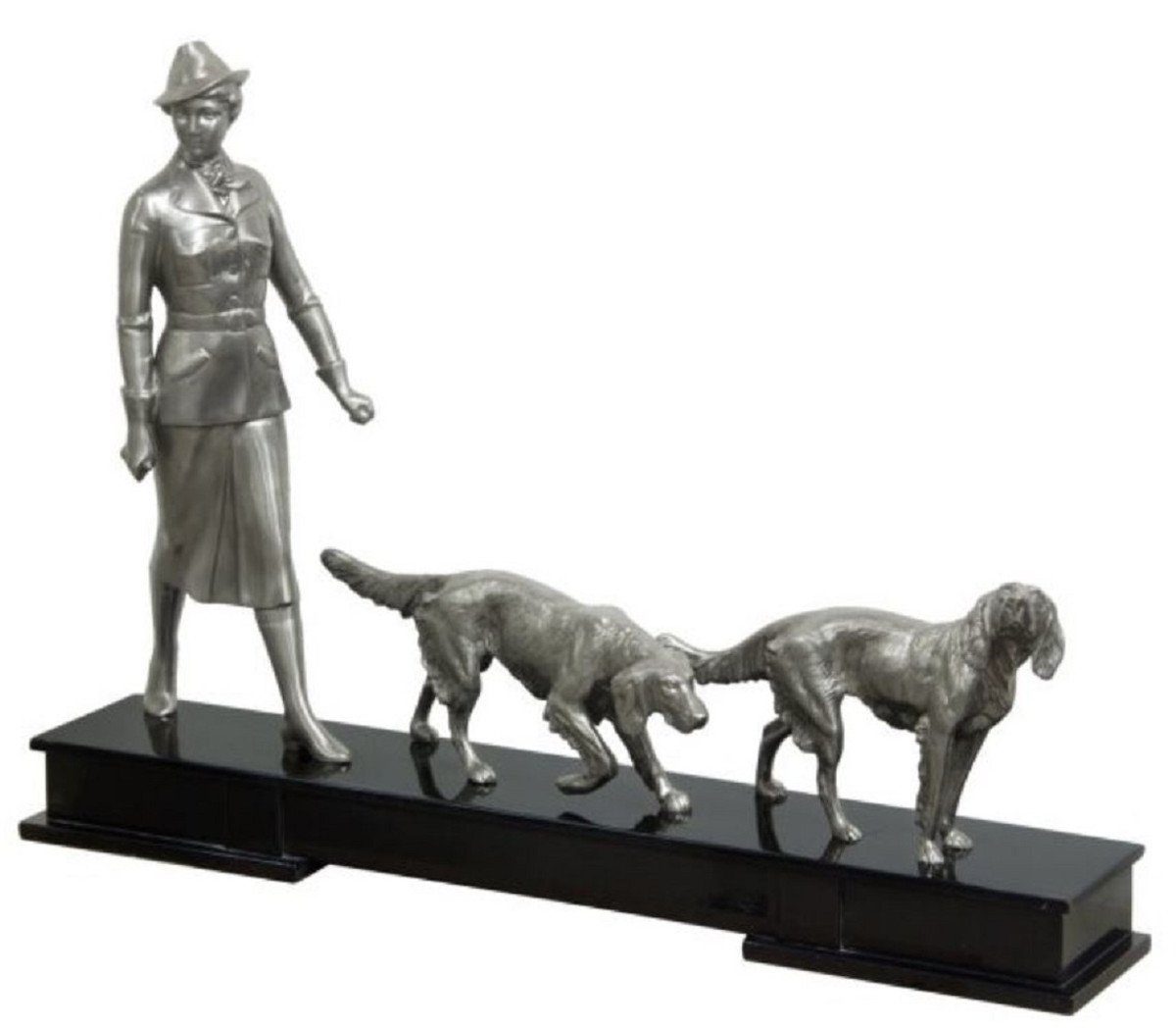 Casa Padrino Dekofigur Luxus Bronzefiguren Jägerin und Hunde Silber / Schwarz 61 x 11 x H. 45 cm - Luxus Dekofiguren mit Holzsockel