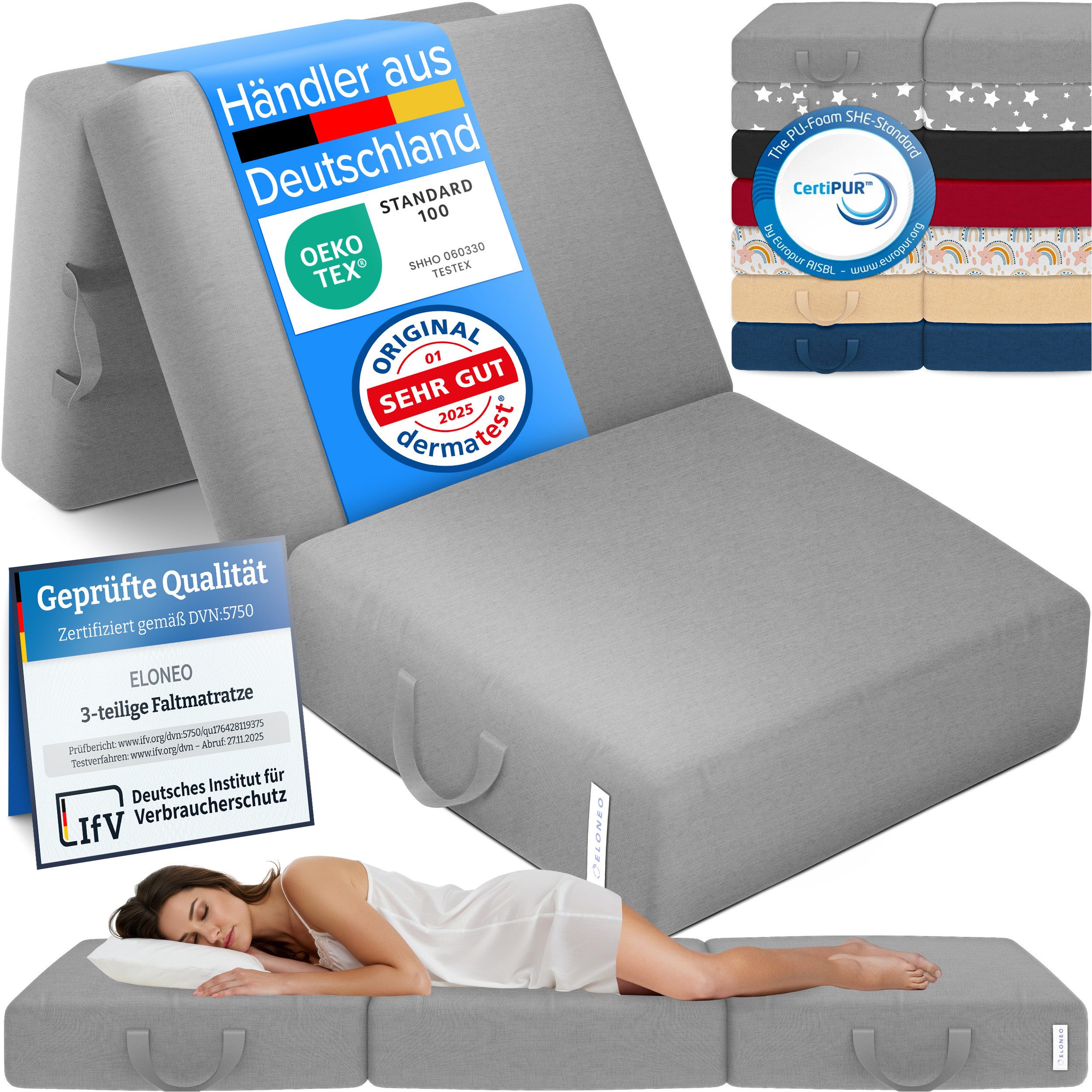 Klappmatratze 3-teilig, Gästematratze mit extra dickem Schaumstoff, ELONEO, 15 cm hoch, waschbarer Bezug, geeignet für Hausstauballergiker, schadstoffgeprüft