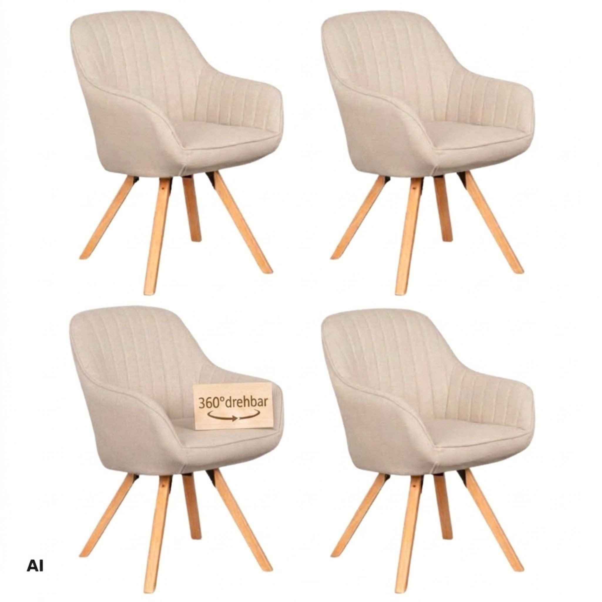 MR.DEKO Esszimmerstuhl 4er Set Matera beige drehbar mit Armlehnen FSC®-zertifiziert (einzelnd, oder als Set erhältich für Küche und Esszimmer, 4 St), 360° Drehfunktion, stabile FSC® 100% Holzbeine, weiche Polsterung