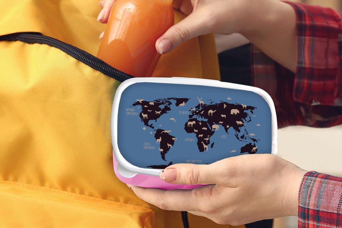 Weltkarte Tiere - Mädchen, MuchoWow Snackbox, - Kinder, Kunststoff, für rosa Braun, Kunststoff Erwachsene, (2-tlg), Lunchbox Brotbox Brotdose