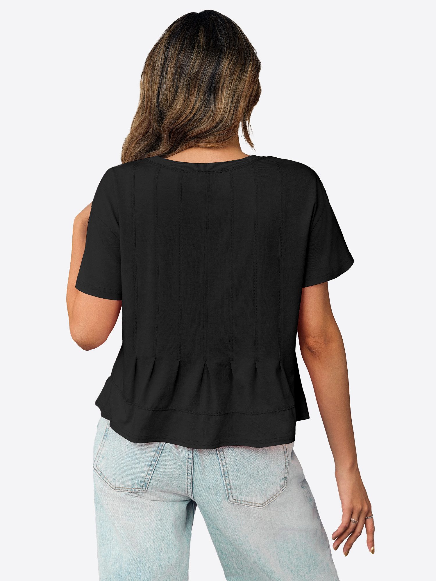 Imily Bela T-Shirt Damen Babydoll Tops mit Schößchen und Falten (Packung, 1-tlg., 1per-Pack) einfarbig