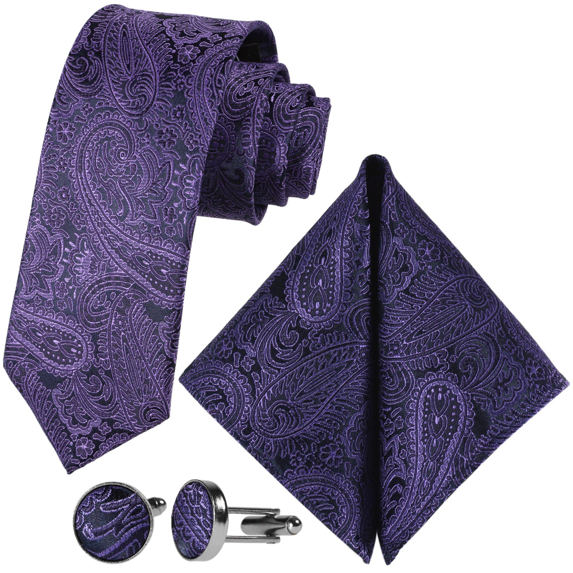 GASSANI Krawatte Hochzeitskrawatte Pastell-Violett Tie, Lavendel Seide-Touch Satin Festlich, 3-St., Slim Einstecktuch, Signalviolett Gemustert, Lila Violett-Blau Jacquard Schwarz Manschettenknöpfe) Dünn, Hochzeit Floral Paisley Herren-Krawatte Schmal, Krawattenset, Schlips (Set