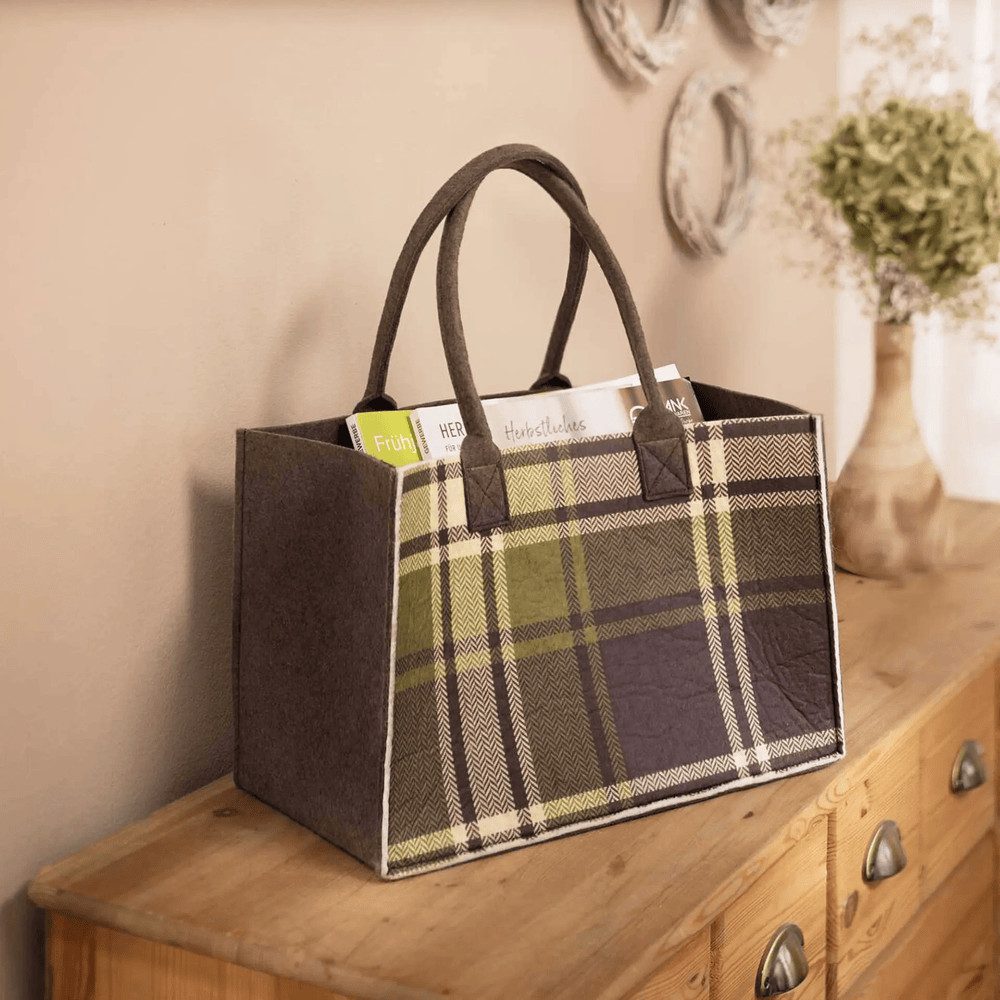 Home-trends24.de Henkeltasche Filz Tasche kariert Henkel Shopper Einkaufskorb grün