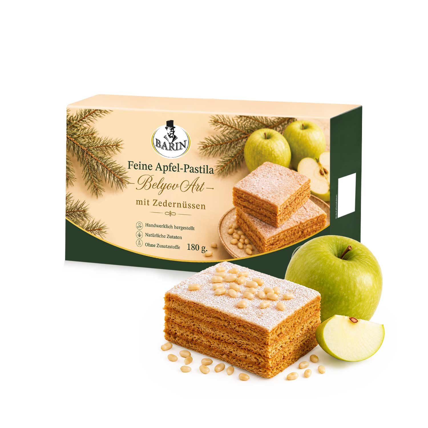 BARIN Süßigkeit Apfel-Pastila mit Zedernüssen, 1 x 180 g, 1 St. (Packung), mit feinen Zedernüssen für eine besondere Nussnote