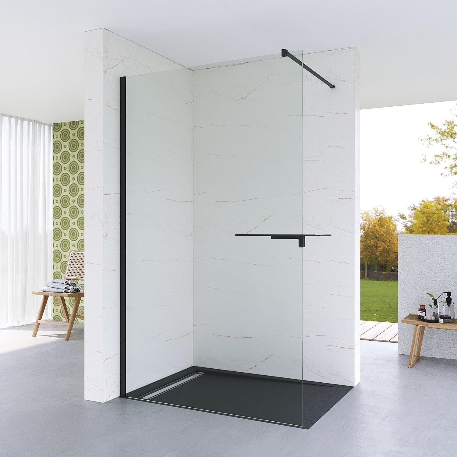 AQUABATOS Walk-in-Dusche 8mm Nano Glaswand Walk In Dusche Duschkabine Duschwand mit Duschablage, Einscheibensicherheitsglas, Aluminiumprofile in schwarzmatt,ESG Nano Beschichtung,mit Stabilisator