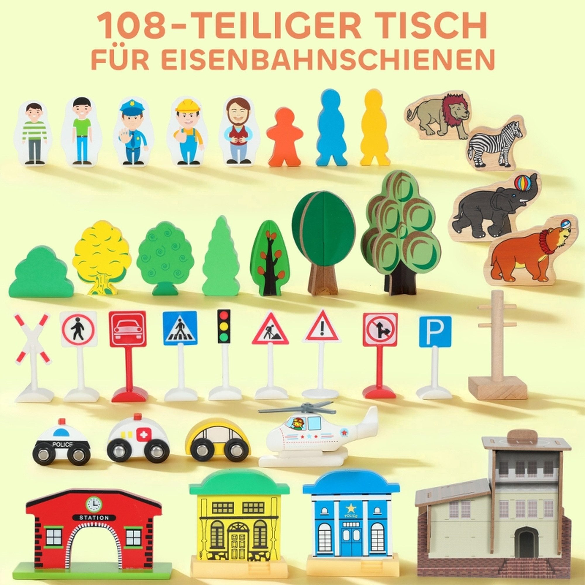 MC Star Spieltisch 108-teiliges Eisenbahn-Set aus Holz, mit abnehmbarer Tischplatte, (Eisenbahntisch, 98x60,5x40 cm, Blau)