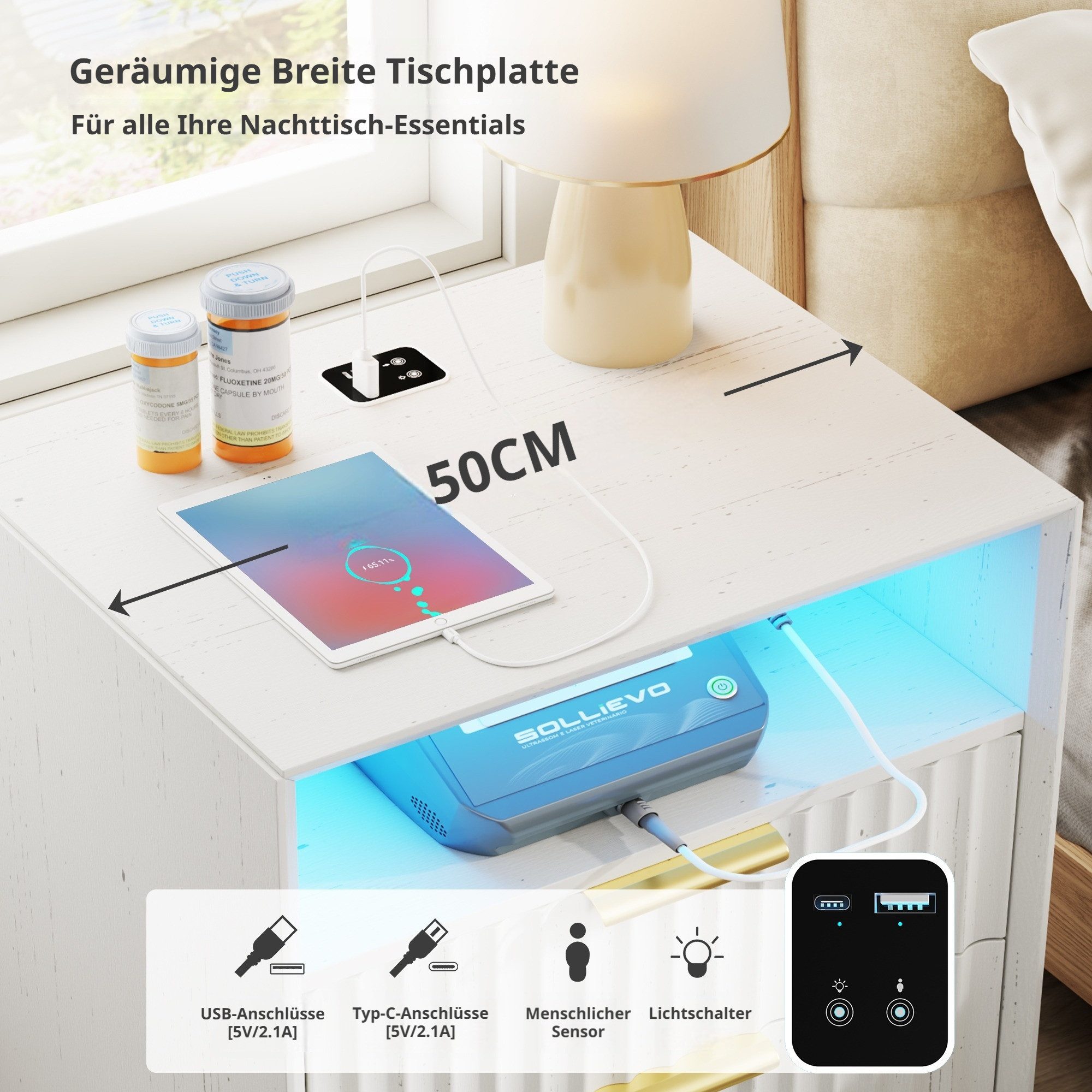 LVSOMT Nachttisch im Mid-Century-Modern-Stil, mit Ladestation und LED-Beleuchtung (1-St), versteckte Schublade mit RFID-Schloss & offenes Ablagefach