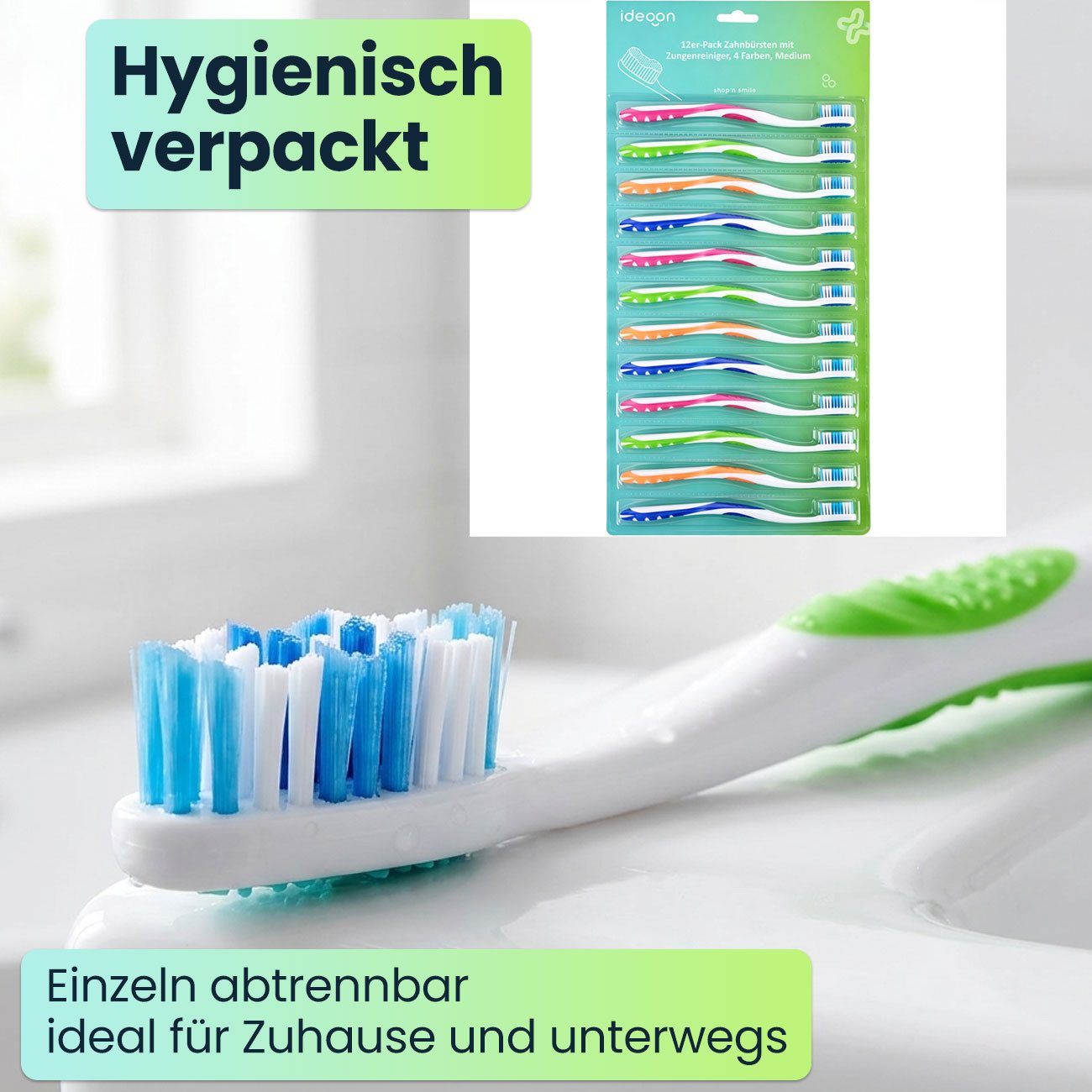 shop'n smile ideoon Zahnbürste Handzahnbürsten Set Medium mit Zungenreiniger, 12er- / 24er-Pack, Zahnbürsten-Familienpackung mit Wellenprofil & einzeln verpackt