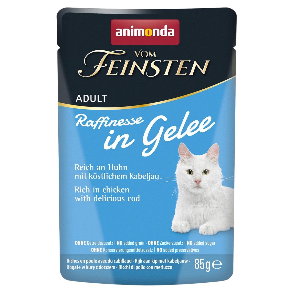 Animonda vom Feinsten Raffinesse in Gelee Adult reich an Huhn mit Kabeljau 85 g, Nassfutter für: Katze