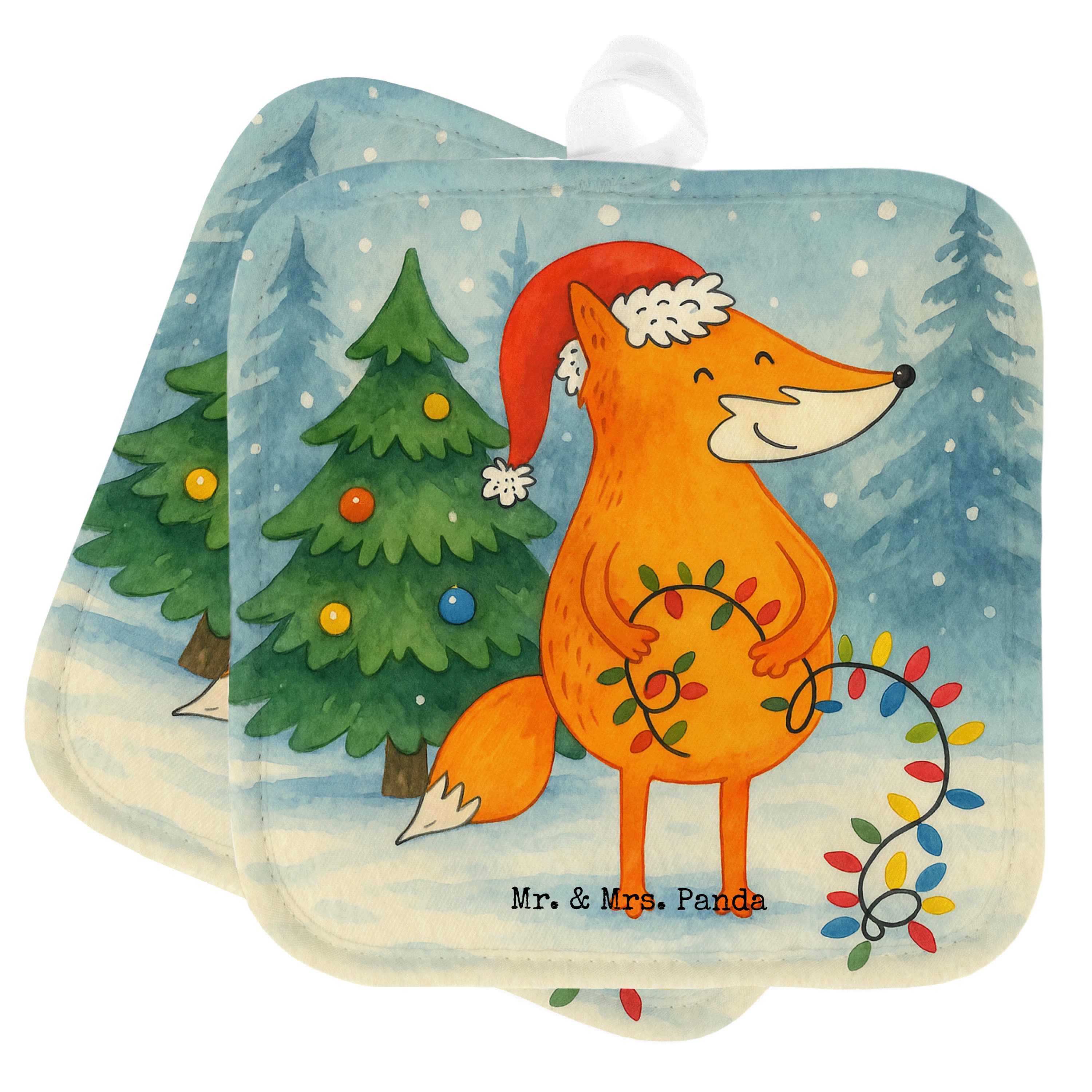 Mr. & Mrs. Panda Topflappen Fuchs Weihnachten Design, Topfuntersetzer, Weiß, Ofenlappen, Nikolaus, (Packung), Topflappen im Doppelpack Weihnachten Spruch schön