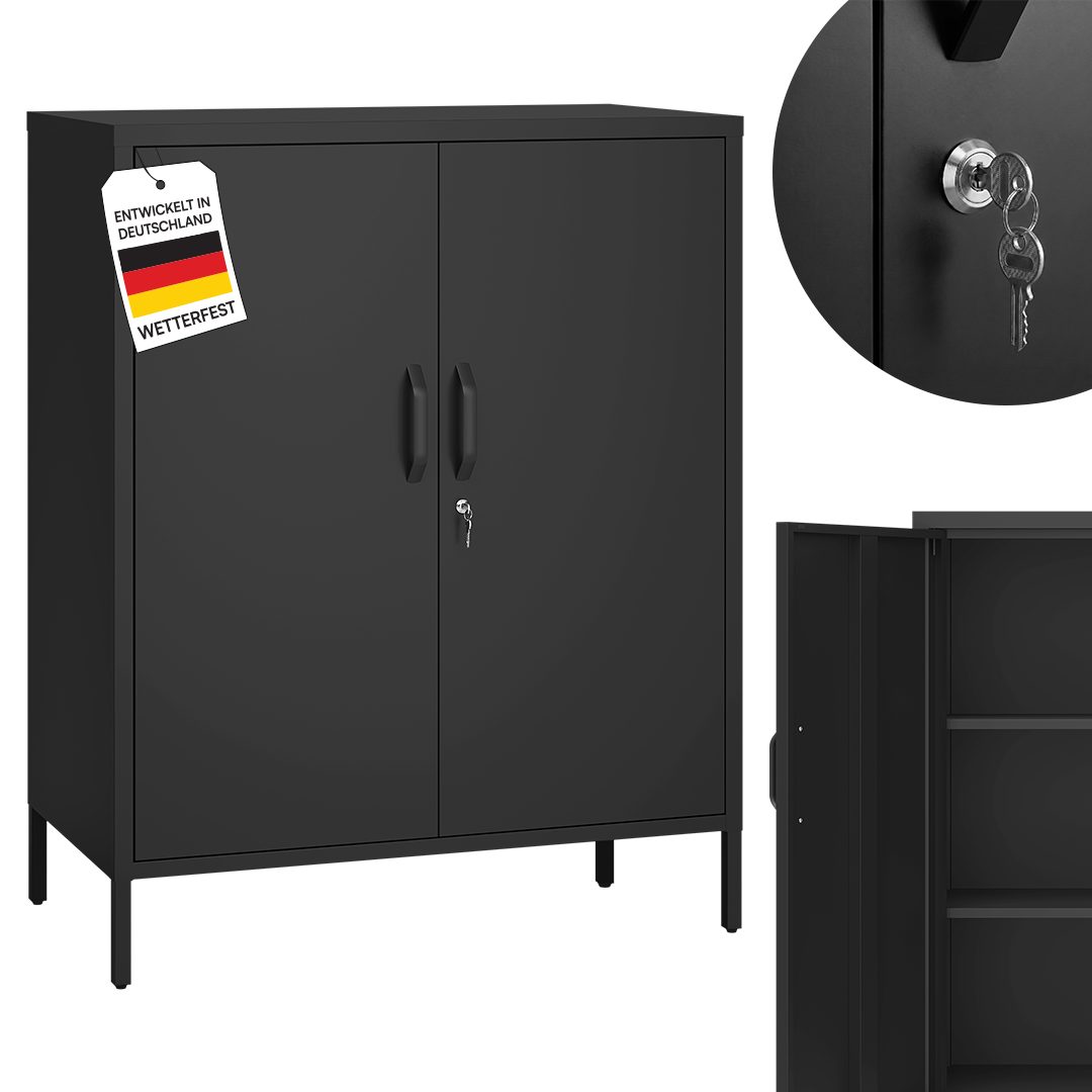 STEELSØN Geräteschrank Menkent Gerätekommode aus Metall mit Doppeltür & Schloss (schwarz, Outdoor Kommode) wetterfest & rostfrei, mit 2 Schlüsseln, mit verstellbaren Fächern
