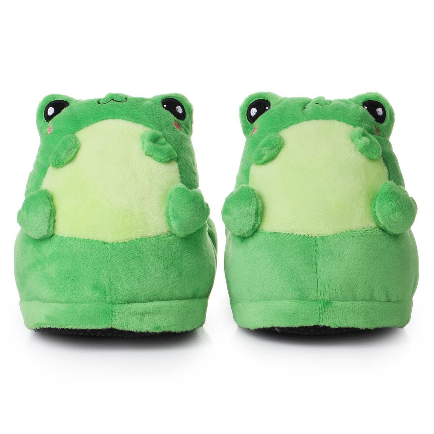 Corimori Tier Pantoffeln für Erwachsene Einheitsgröße 34-44 Plüsch Hausschuhe (Packung, Geschenk) EU Einheitsgröße 34-44, Eddy der Frosch, für Kinder und Erwachsene