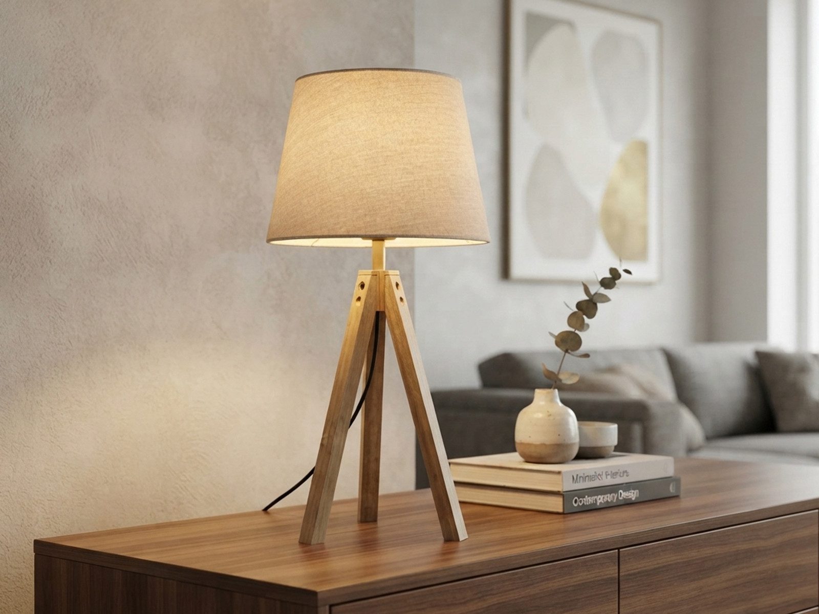 meineWunschleuchte Tischleuchte mit Holz & Leinen Lampenschirm Höhe 55cm, ohne Leuchtmittel, große Tischlampe skandinavisch, Beistelllampe mit E27 Stoffschirm
