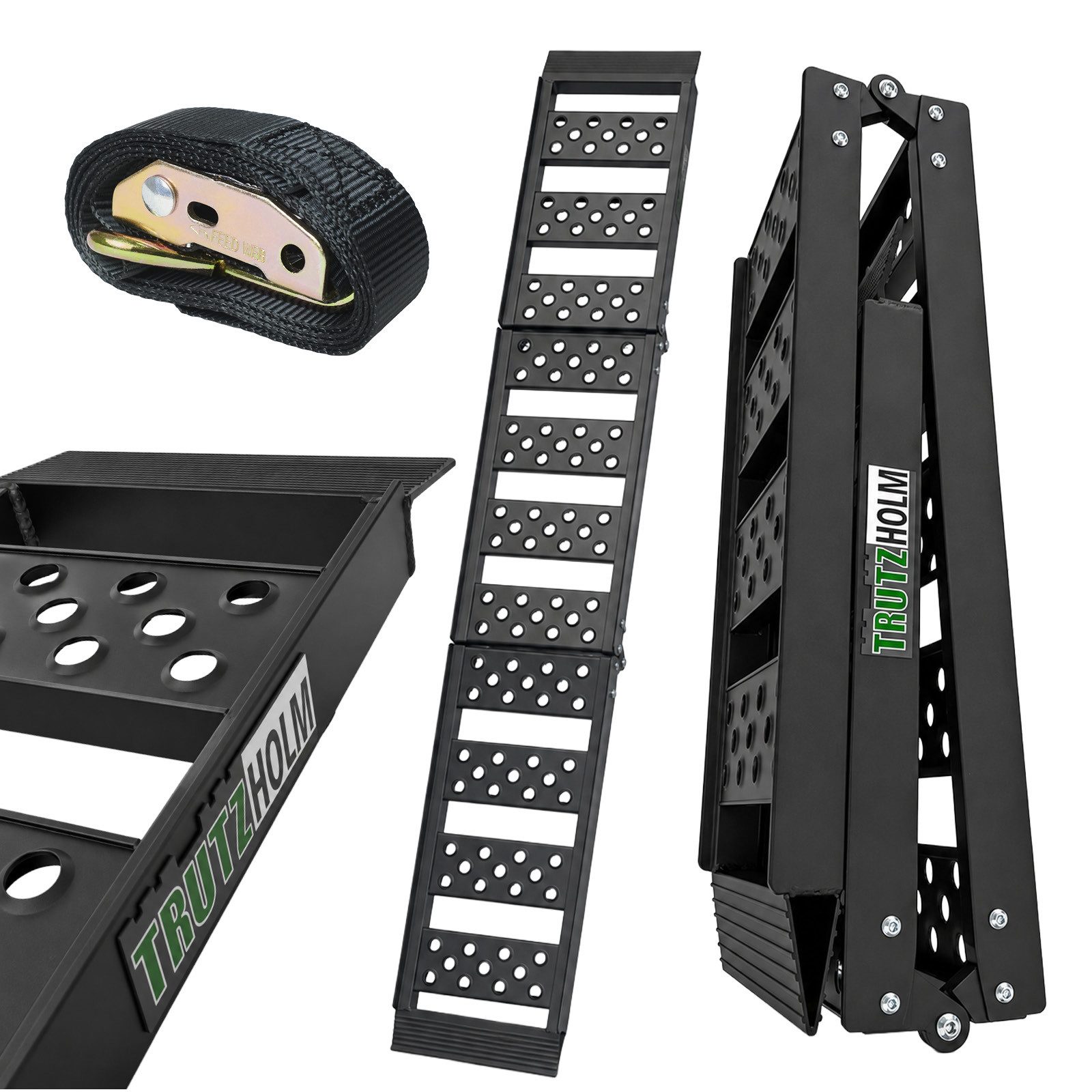 TRUTZHOLM Auffahrrampe Alu 2-fach klappbar 199 cm Traglast 340 kg Verladerampe gelocht (1-St., Inkl. Spanngurt), 2-facher Klappmechanismus für einfachen Transport