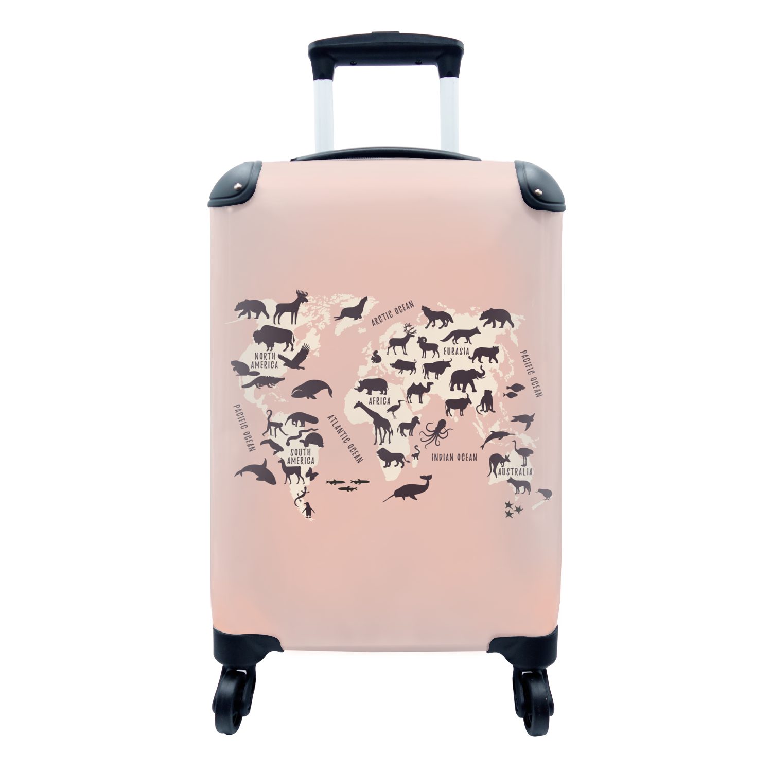 MuchoWow Handgepäckkoffer Weltkarte - Tiere - Rosa, 4 Rollen, Reisetasche mit rollen, Handgepäck für Ferien, Trolley, Reisekoffer