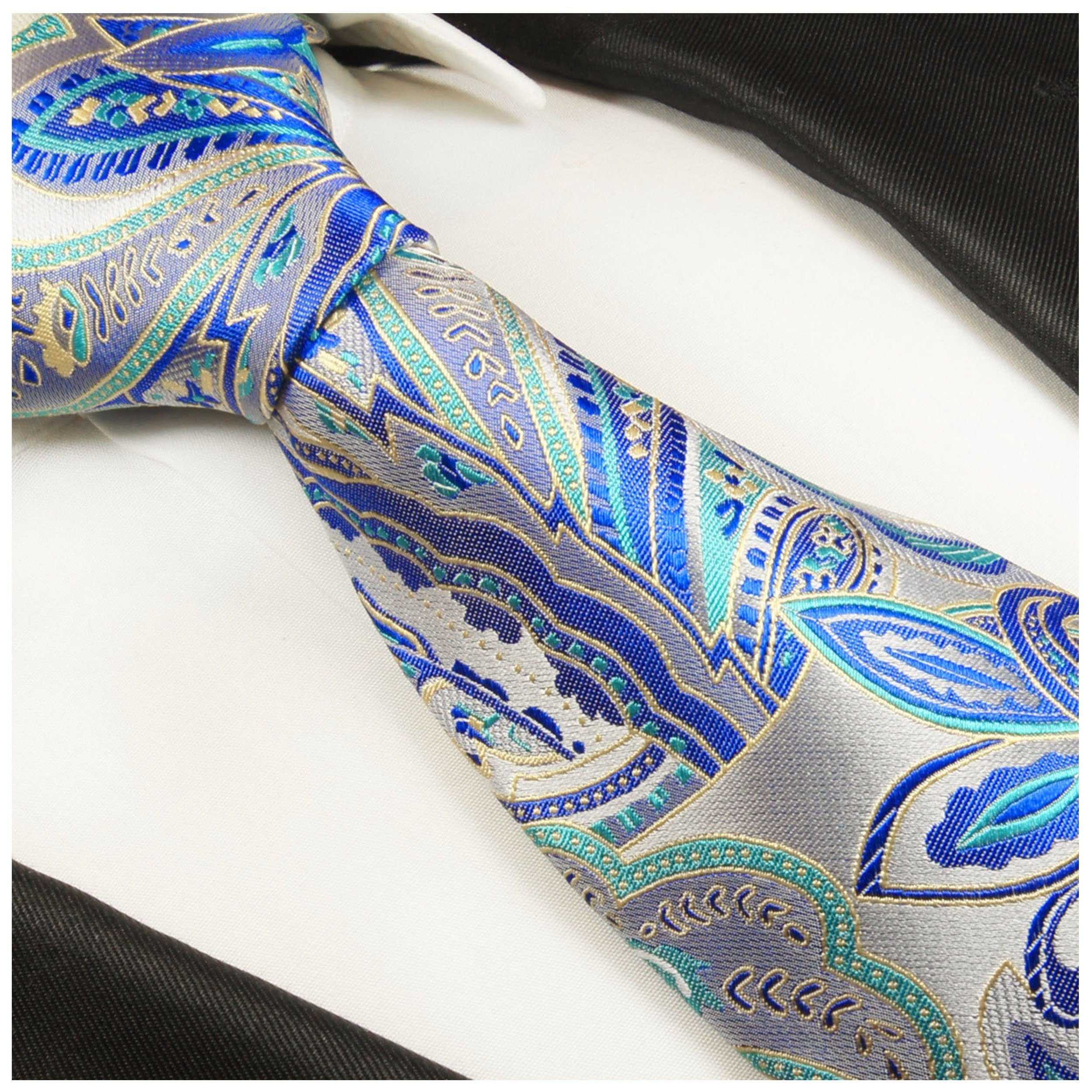 silber mit Paul (8cm), 2019 Elegante mit Malone Seidenkrawatte Seide 2-St., Krawatte 100% (Set, Breit Tuch Krawatte Herren Einstecktuch) blau paisley