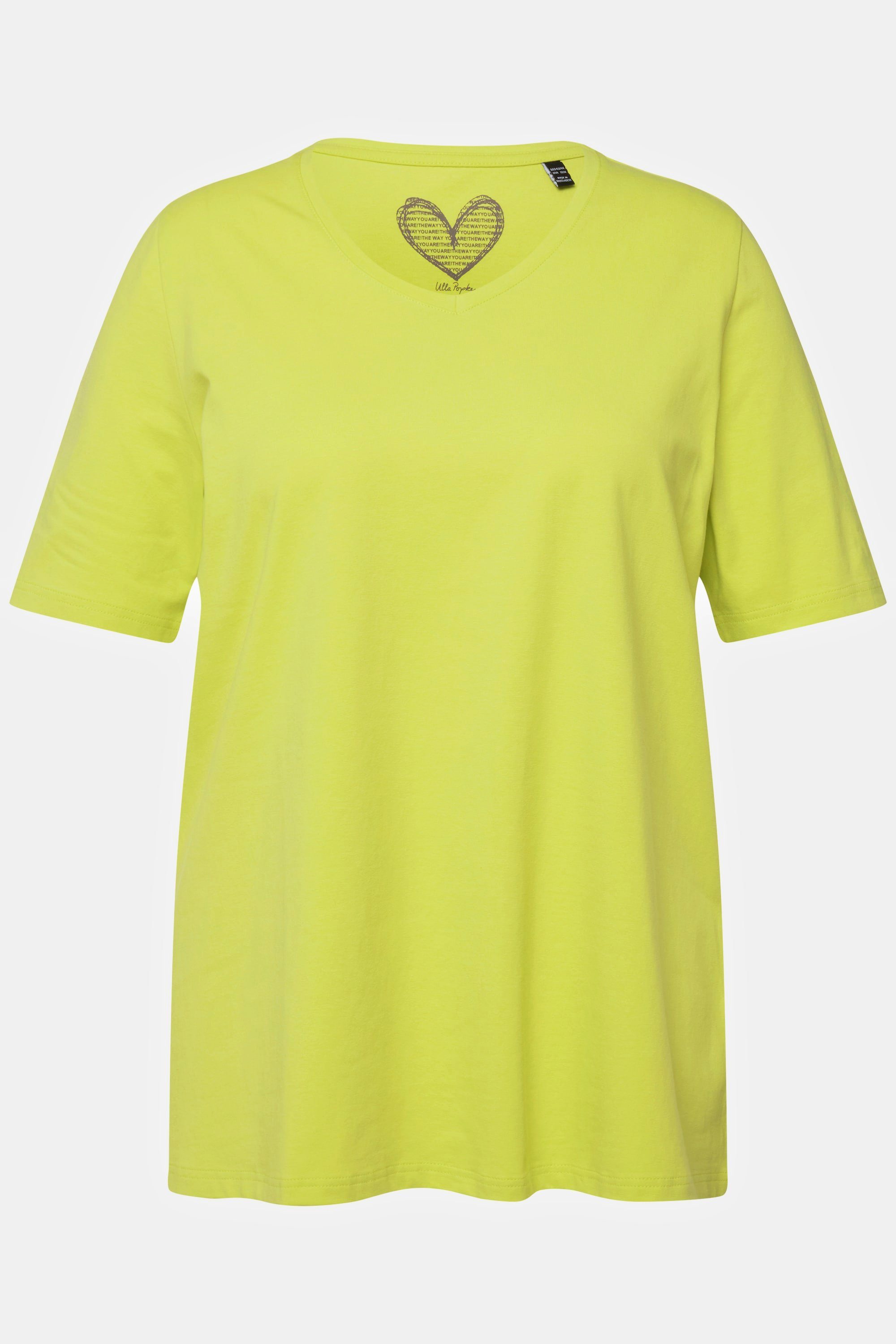 Rundhalsshirt V-Ausschnitt limonengrün Halbarm A-Linie Ulla Popken T-Shirt