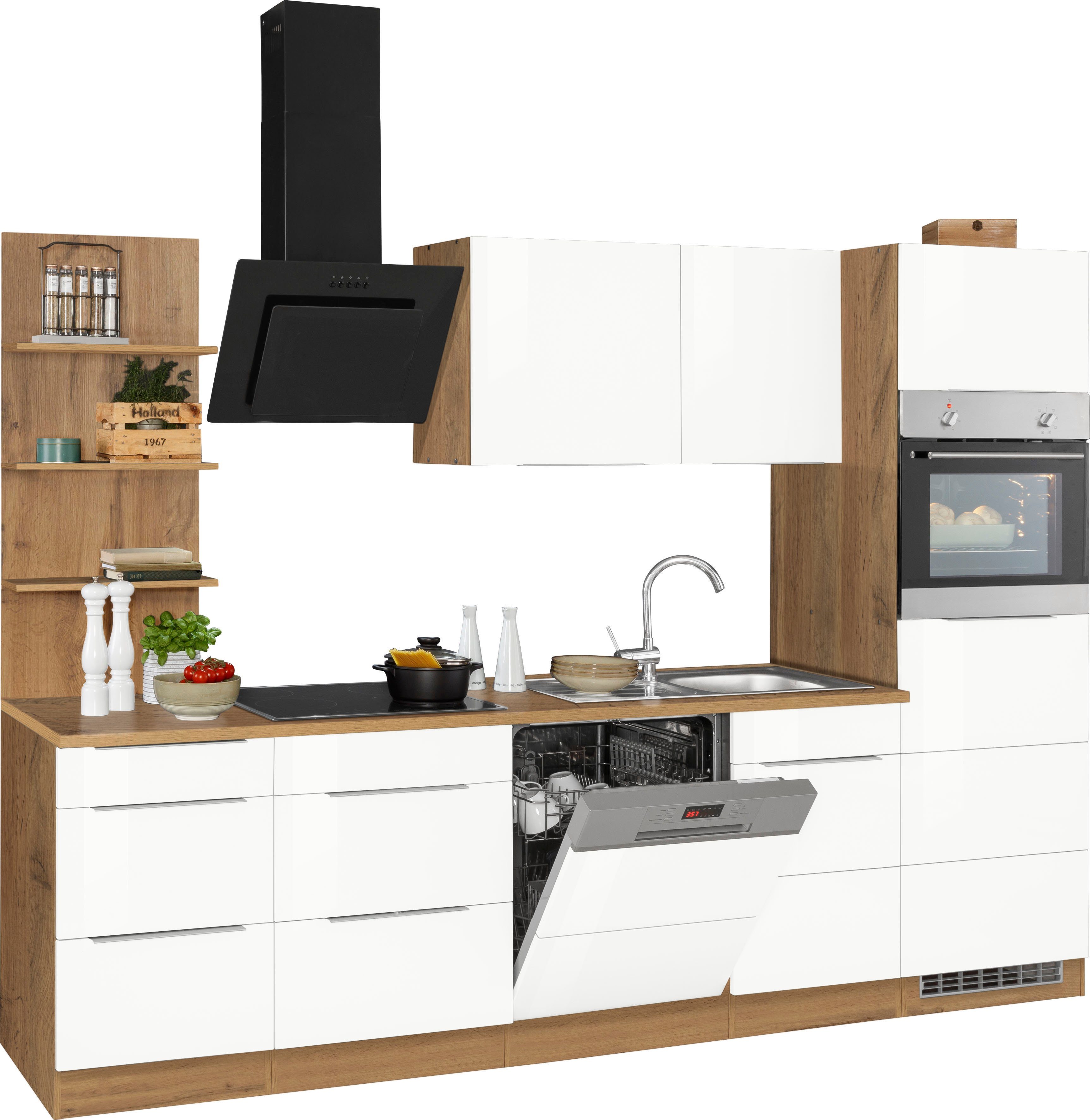 HELD MÖBEL Küchenzeile Brindisi, wotaneichefarben Breite 280 E-Geräten, | Hochglanz/wotaneichefarben cm weiß mit