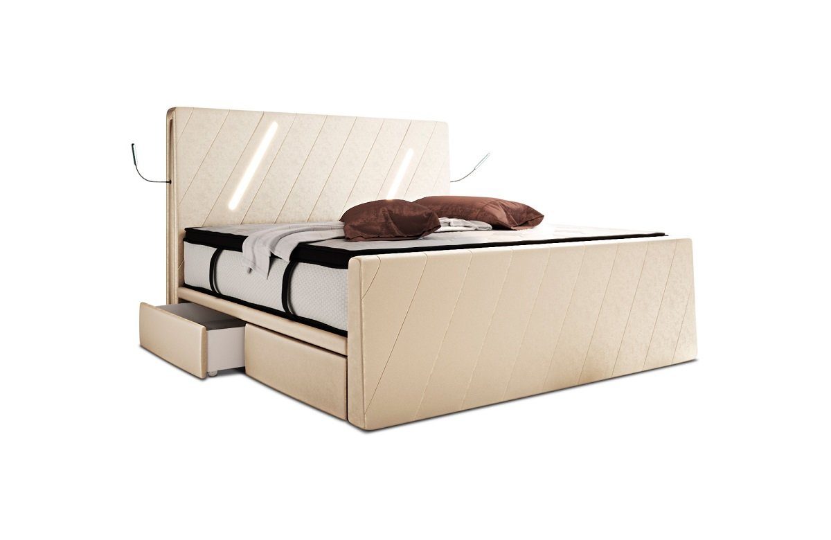 Sofa Dreams Boxspringbett Toulon (6 Teile), Designerbett, Samtstoff, LED-Beleuchtung, Schubladen, Matratze, Topper