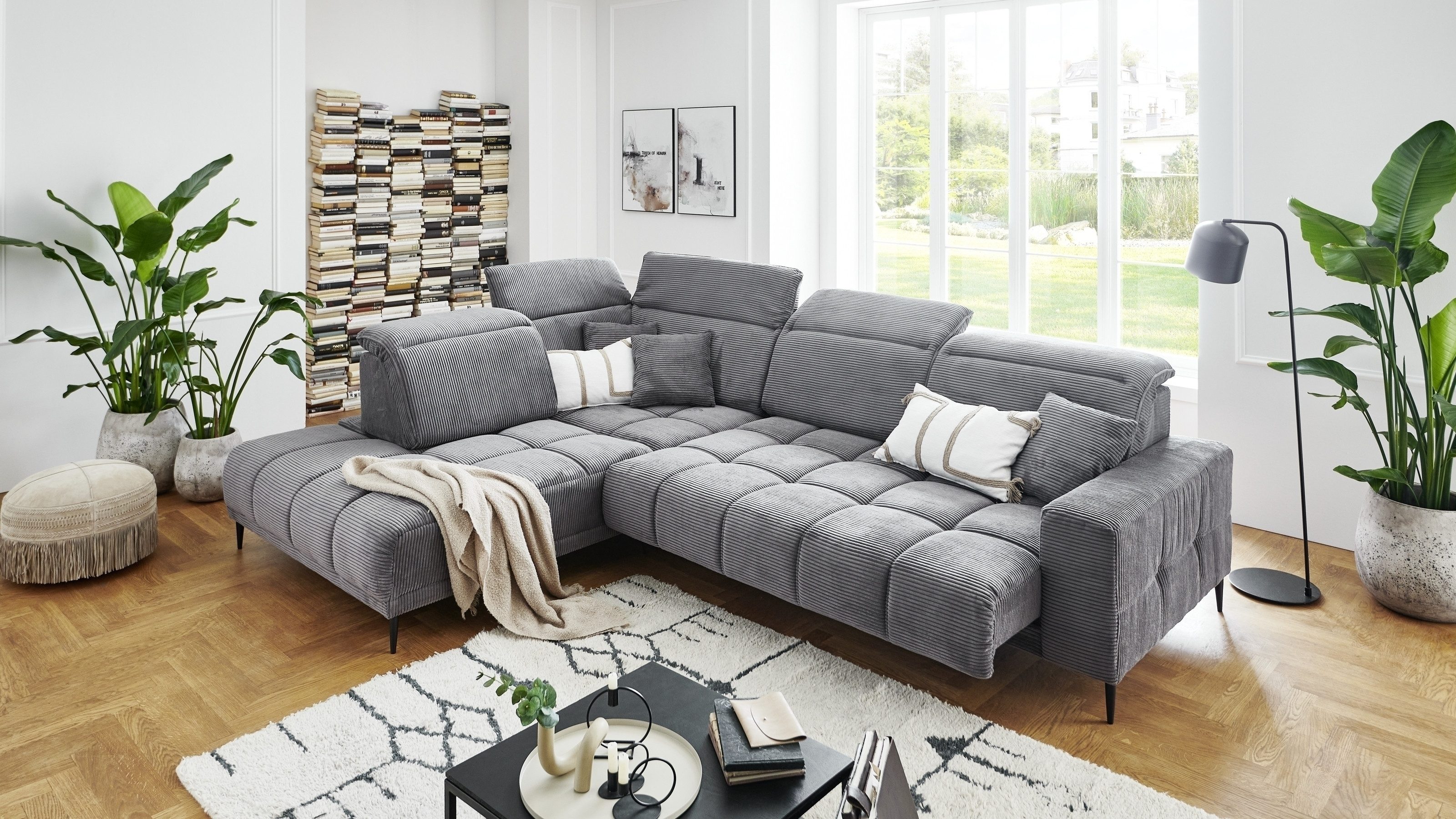 freiraum Wohnlandschaft Lindesberg, elektr. Sitzverstellung, Federkern, grau - 317x107x230cm (BxHxT)