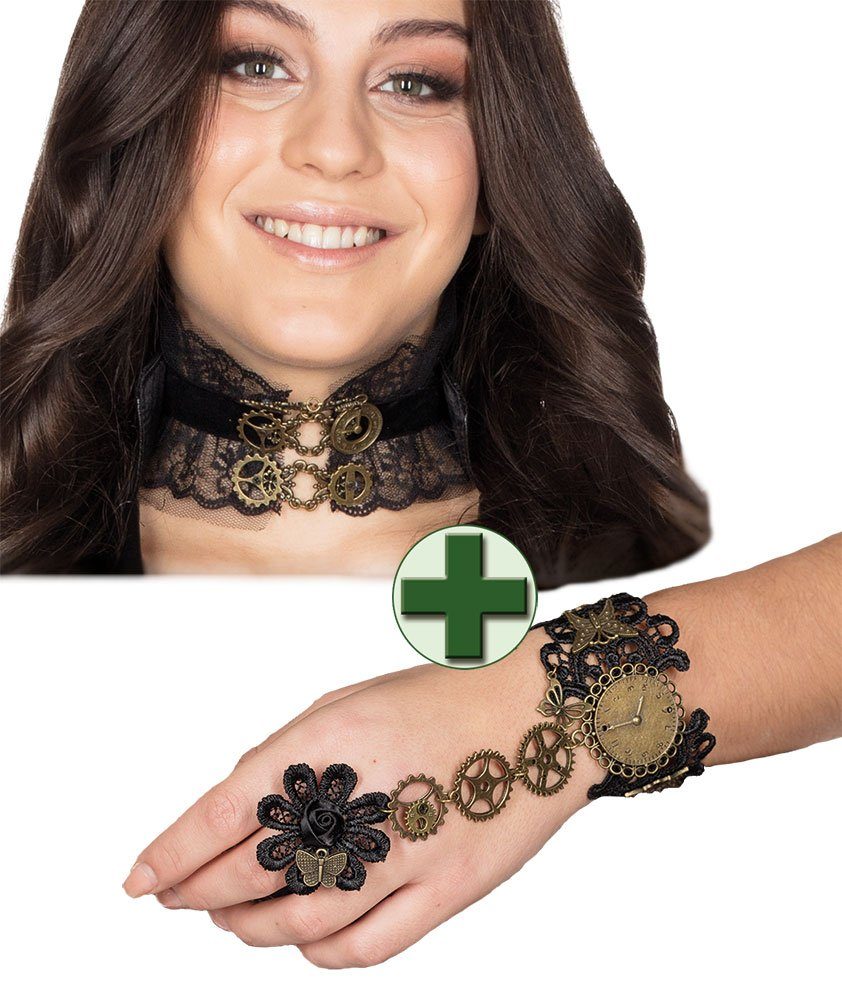 Karneval-Klamotten Kostüm Steampunk Armband mit befestigten Ring und Choker, Schmuck Karneval Armband Ring Halsband Choker Viktorianisch Vintage