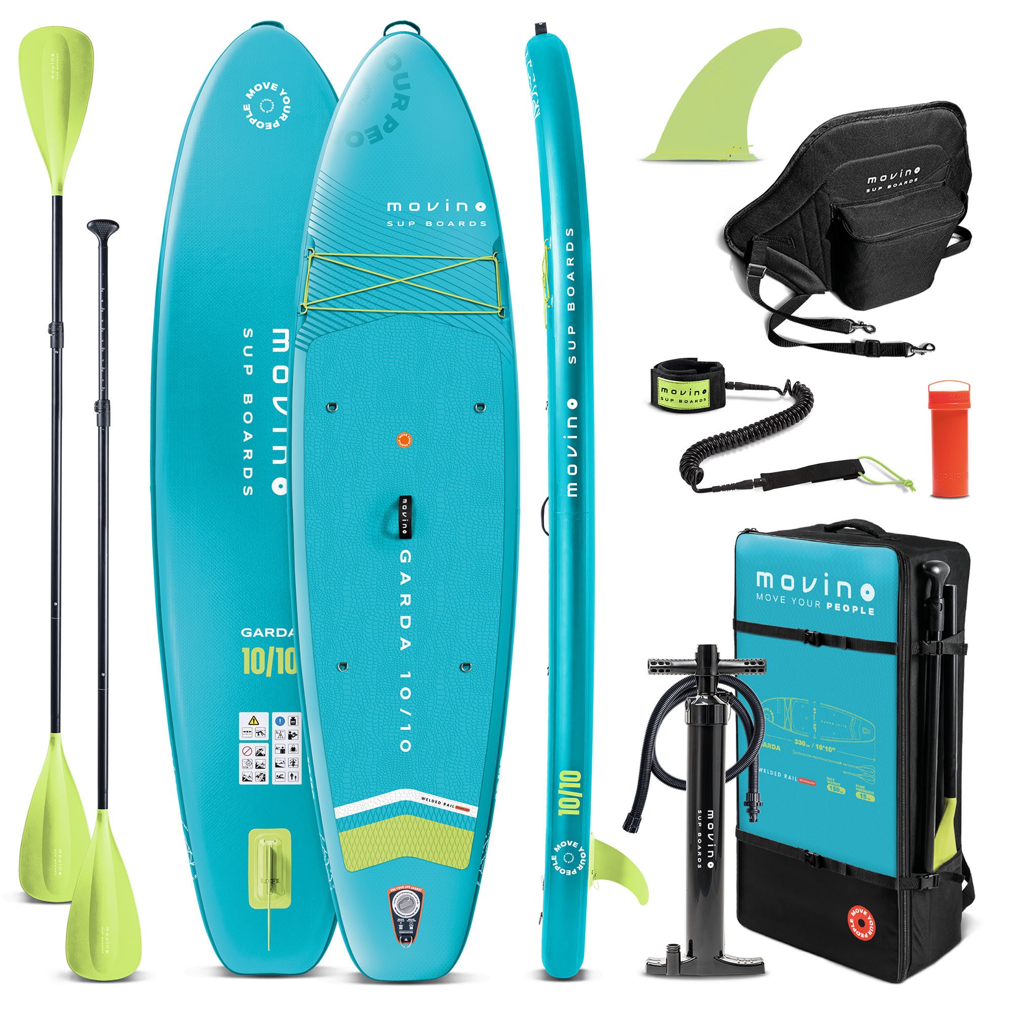 Movino SUP-Board MOVINO GARDA 2in1 Set geschweißte Kanten Traglast 150 kg, All-Round, (Board, Rucksack, Pumpe, Leine, Finne, Paddel, Kajaksitz, Reparaturset)