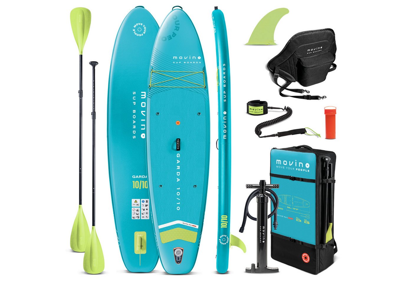 Movino SUP-Board MOVINO GARDA 2in1 Set geschweißte Kanten Traglast 150 kg, All-Round, (Board, Rucksack, Pumpe, Leine, Finne, Paddel, Kajaksitz, Reparaturset)