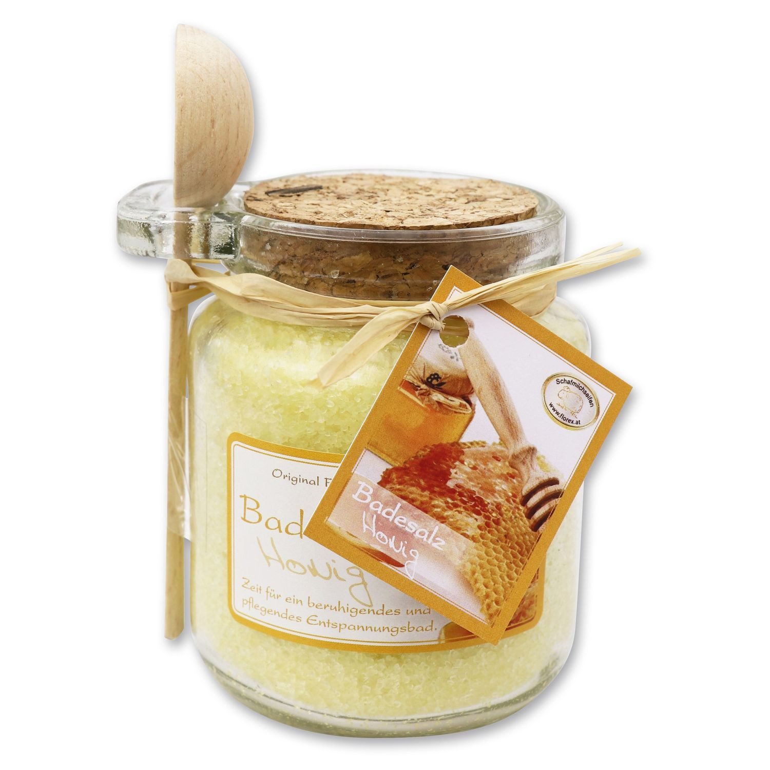 Gerlinde Hofer _ Florex GmbH Badezusatz Honig, Badesalz mit Bio Schafmilch im Glas mit Holzlöffel 300 g