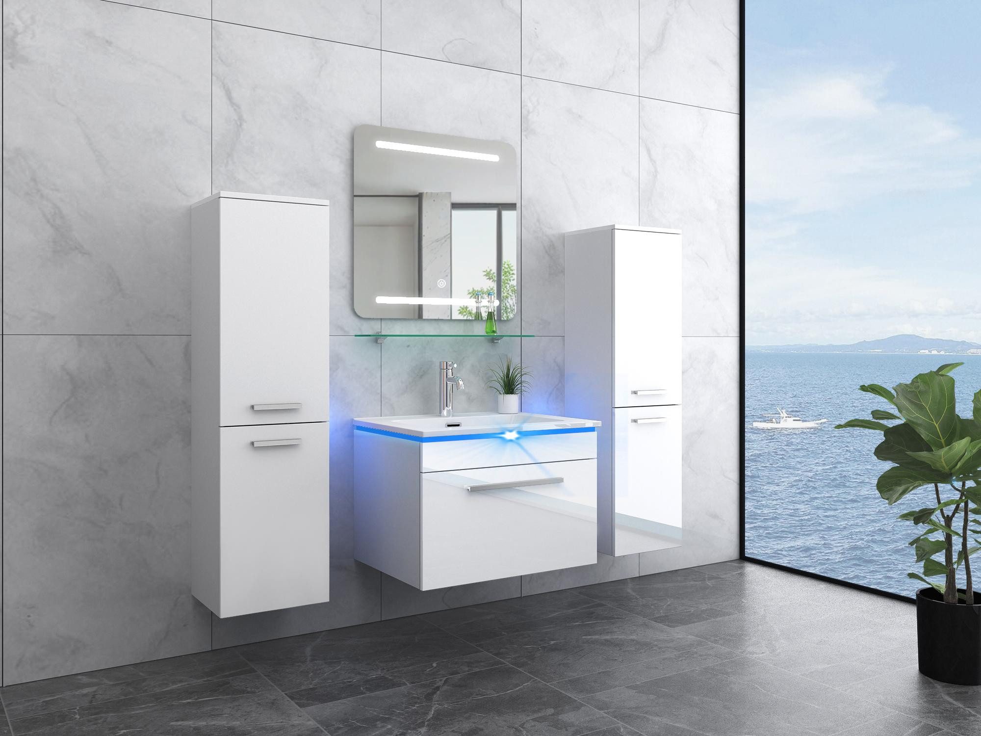 Faizee Möbel Badmöbel-Set Badmöbel- Set Schwarz/Weiß/Königsblau Keramik/Granit 120 cm, (Komplett-Set, 5-St), badmöbel set 120cm komplett Set LED-Spiegel mit Touch-Funktion