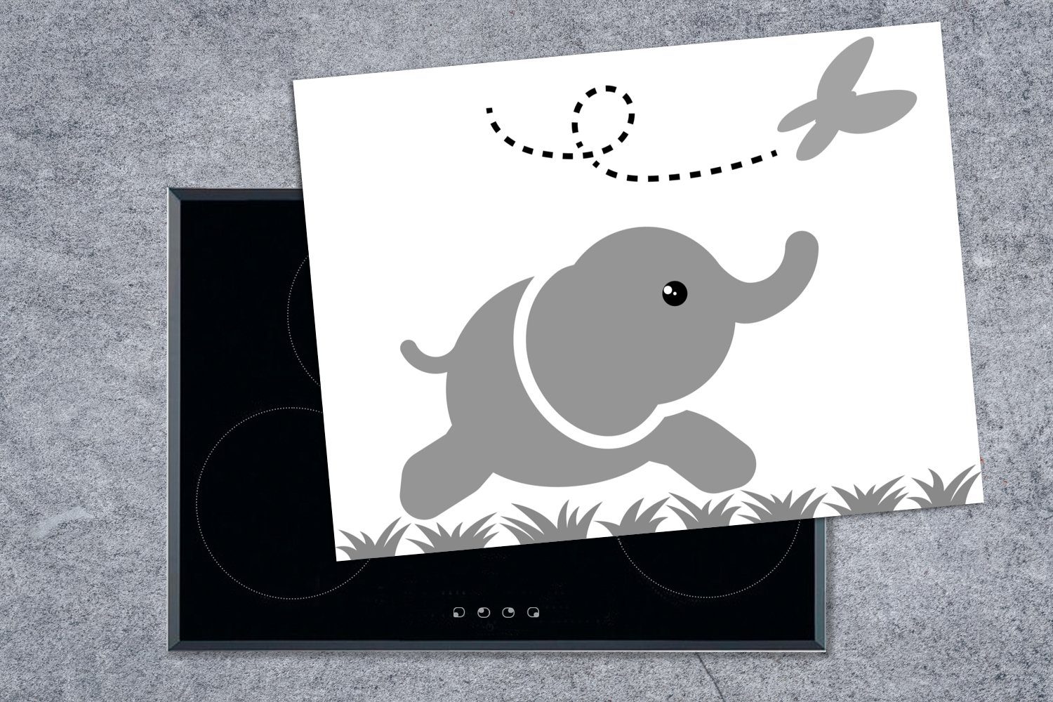 kleinen Elefanten Vinyl, einem Mobile Herdblende-/Abdeckplatte (1 Illustration nutzbar, Schmetterling cm, schwarz, 70x52 MuchoWow tlg), - Arbeitsfläche Ceranfeldabdeckung mit eines
