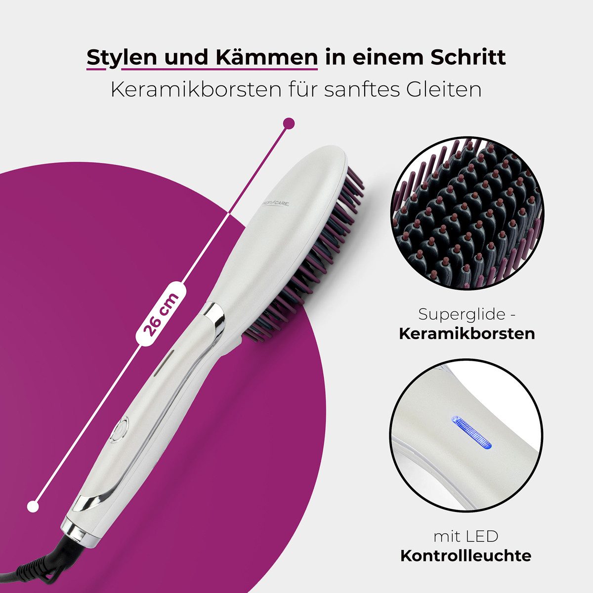 ProfiCare Haarglättbürste PC-GB 3021, „Superglide“-Keramikborsten, kurze Aufheizzeit