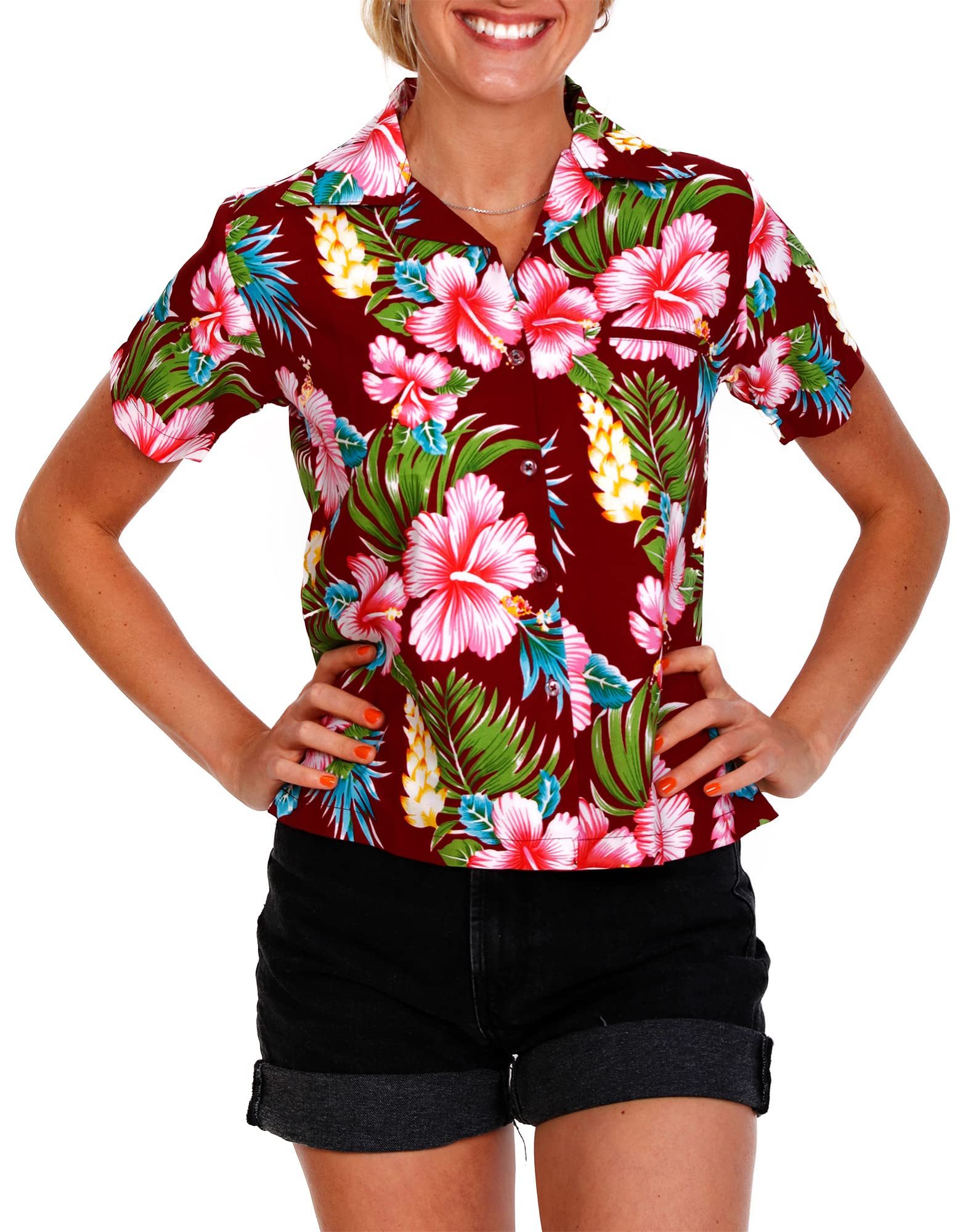 Hawaiihemd Hibiscus New Funky Hawaiibluse Damen Kurzarm Front-Tasche Stylish