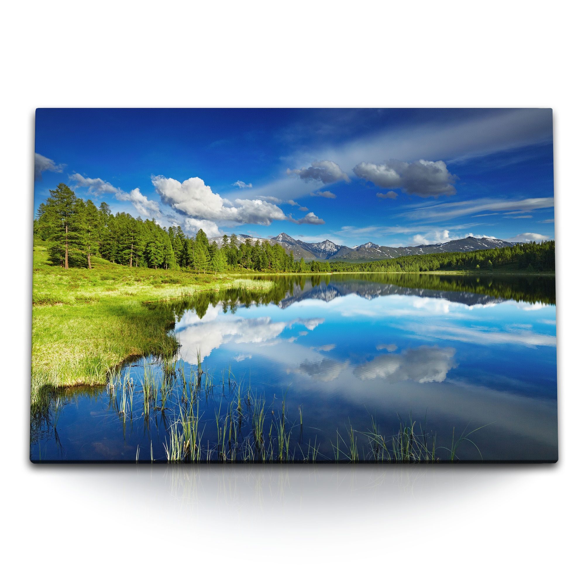 Leinwandbild 120x80cm Wandbild auf Leinwand Naturbild Landschaft See Blau Berge bla