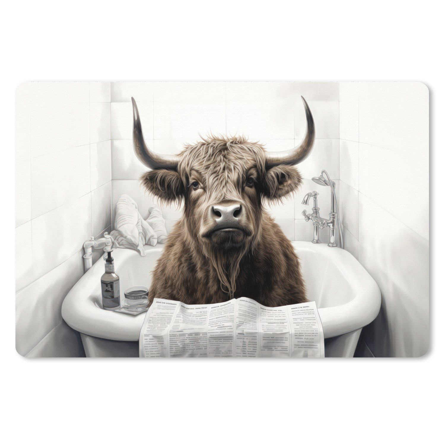 MuchoWow Mauspad Schottischer Highlander - Badewanne - Badezimmer - Zeitung (1-St), Mousepad XXL für Tastatur und Maus, Gaming Setup, Desk Mat, 120x80 cm