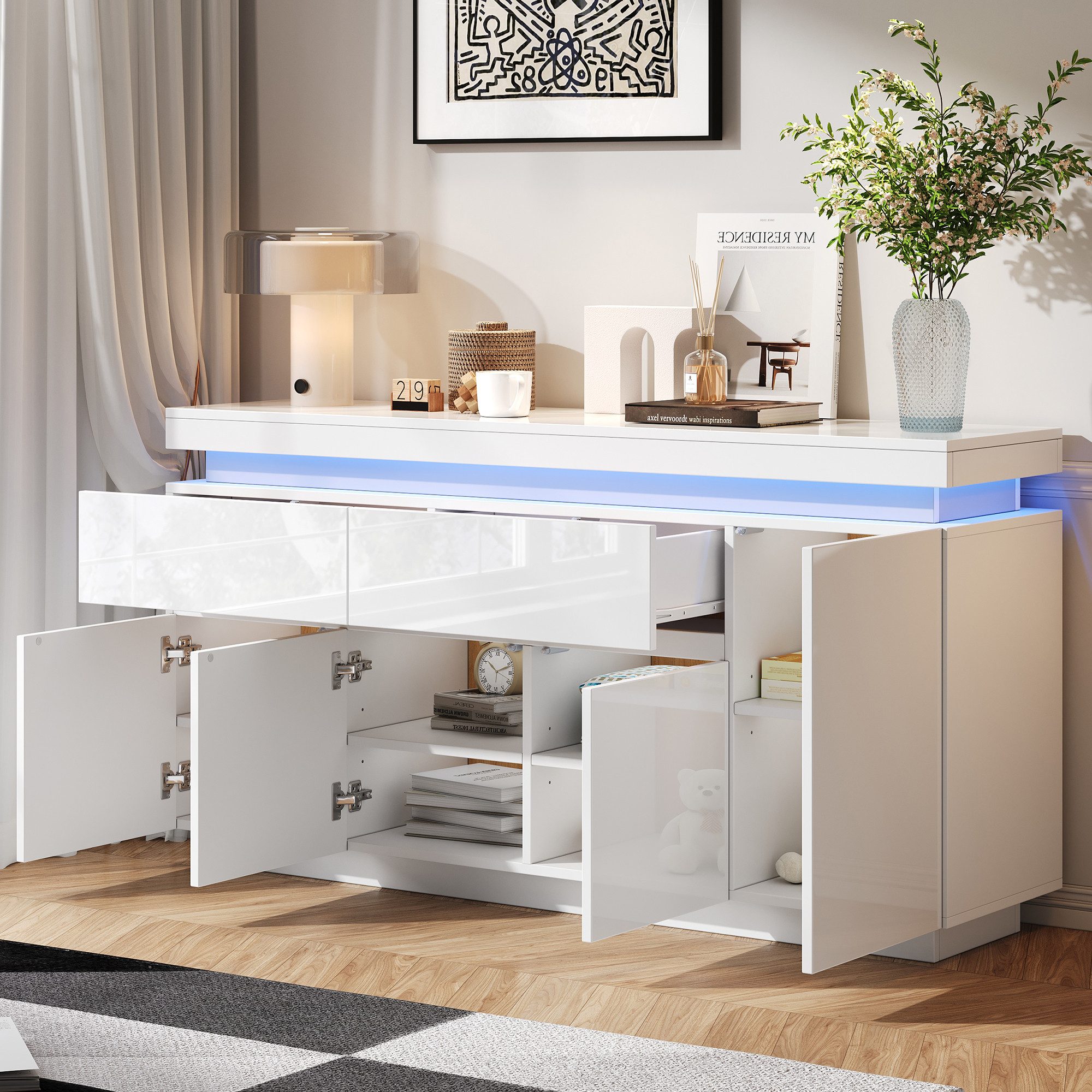 Merax Sideboard Hochglanz Anrichte Buffetschrank mit LED-Beleuchtung in Weiß (1 St., Wohnzimmerschrank, Beistellschrank, 140x35x72,5cm), Kommode mit 2 Schubladen, verstellbaren Einlegeböden & Stauraum