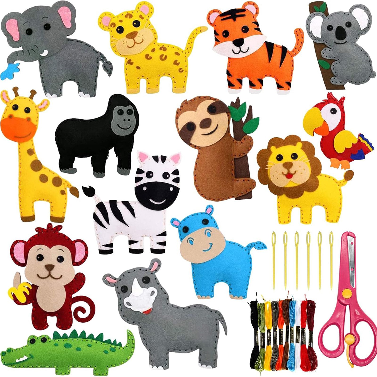 OKWISH Kreativset Kreatives Lernspielzeug Kinder Nähset Tiere DIY Bastelset, (Kreatives Lernspielzeug Animals Sewing Kit mit 14 Tiermotiven, 1-tlg., DIY Nähset Kinder mit Füllwatte Stickgarn Plastiknadeln Tiermotiven), Komplettes Kreatives Handarbeitsset ab 4 Jahre