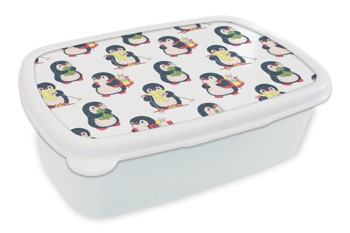 MuchoWow Lunchbox Pinguin - Ski - Winter - Kind - Muster, Kunststoff, (2-tlg), Brotbox für Kinder und Erwachsene, Brotdose, für Jungs und Mädchen weiß