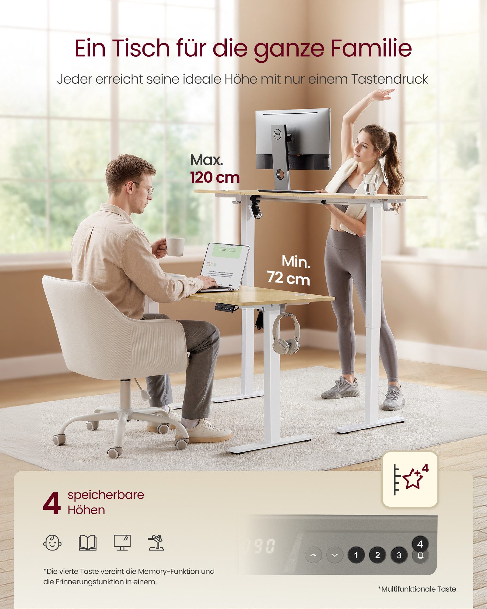 VASAGLE Schreibtisch Höhenverstellbarer, Stehtisch, Computertisch, Erinnerung bei langem Sitzen, Memory-Funktion mit 4 Höhen