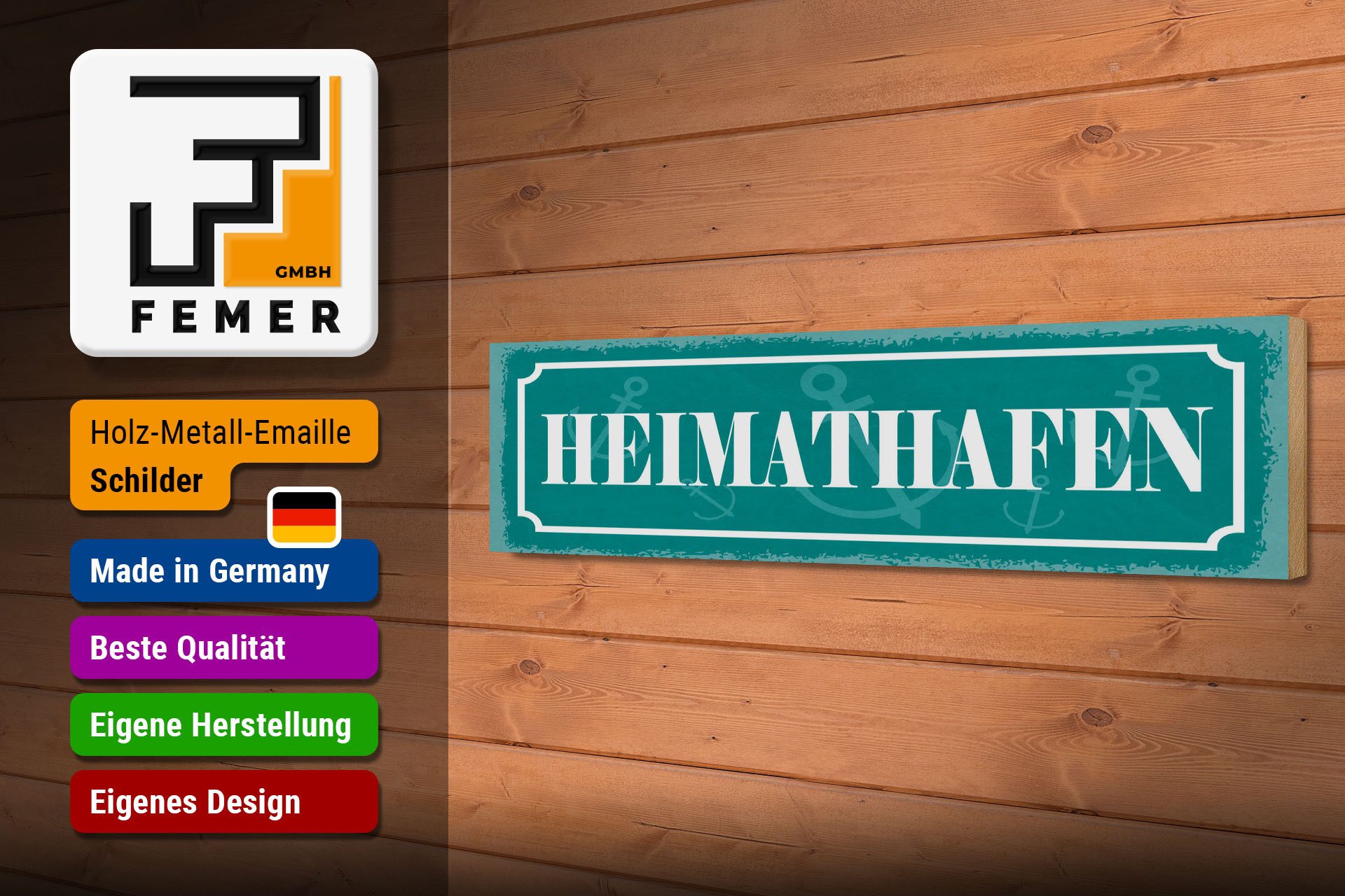 Femer GmbH Holzbild Hinweis 46x10 cm Heimathafen blaues, (1 St), Glatte Holzfaserplatte (MDF), vorn beschichtet
